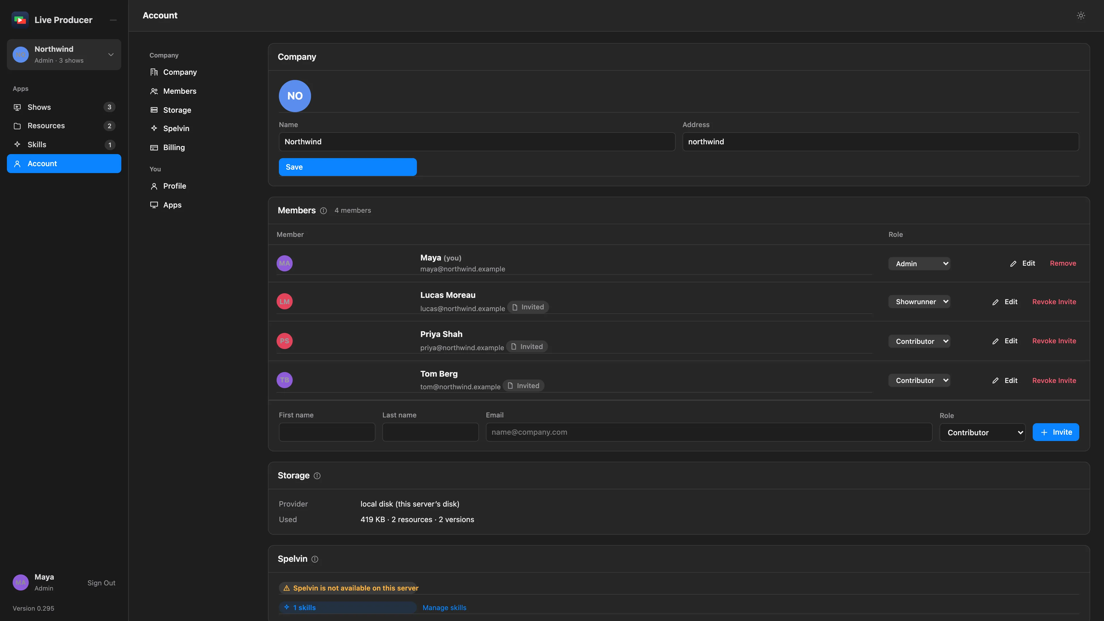 The Account page with the list of cards on the left and the Company and Members cards on the right