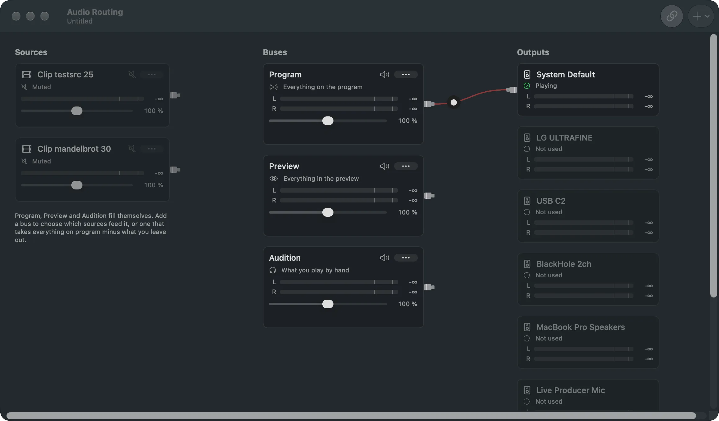 The Audio Routing window with the buses in the middle column and the output devices on the right