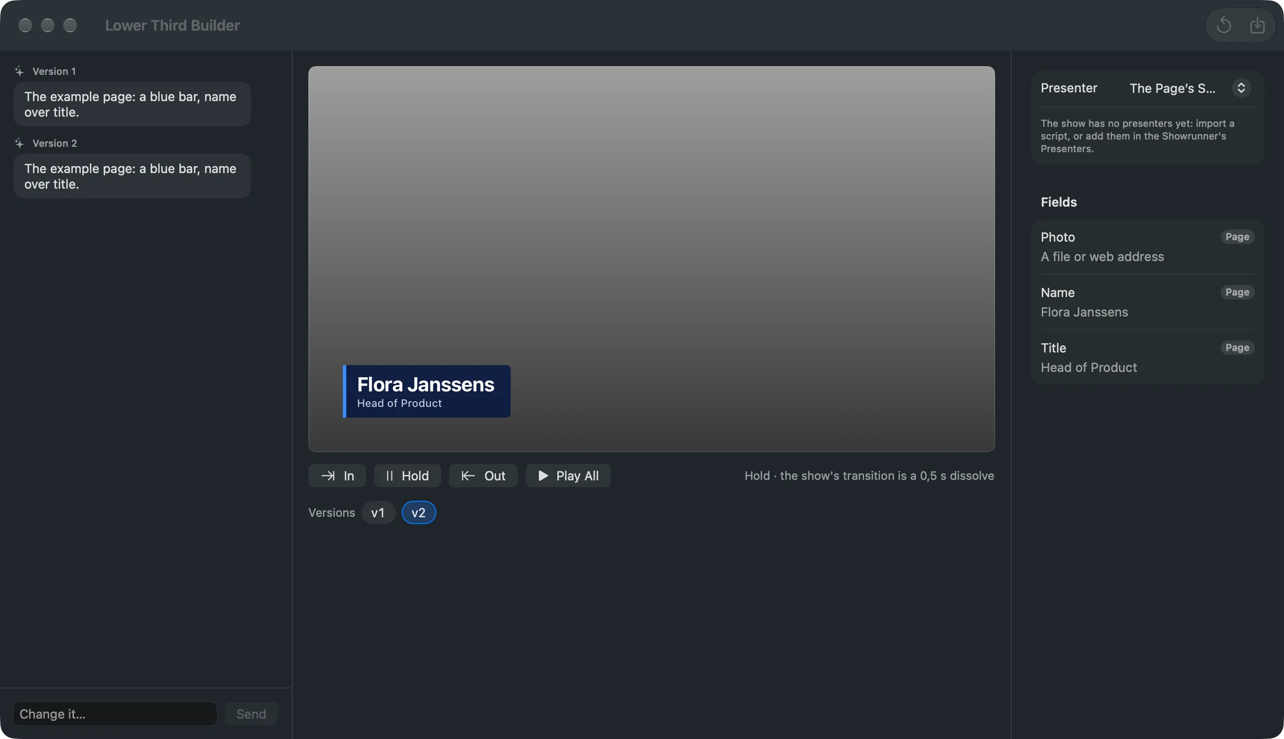 The Lower Third Builder: the conversation on the left, the preview with its playback buttons and versions in the middle, the fields on the right