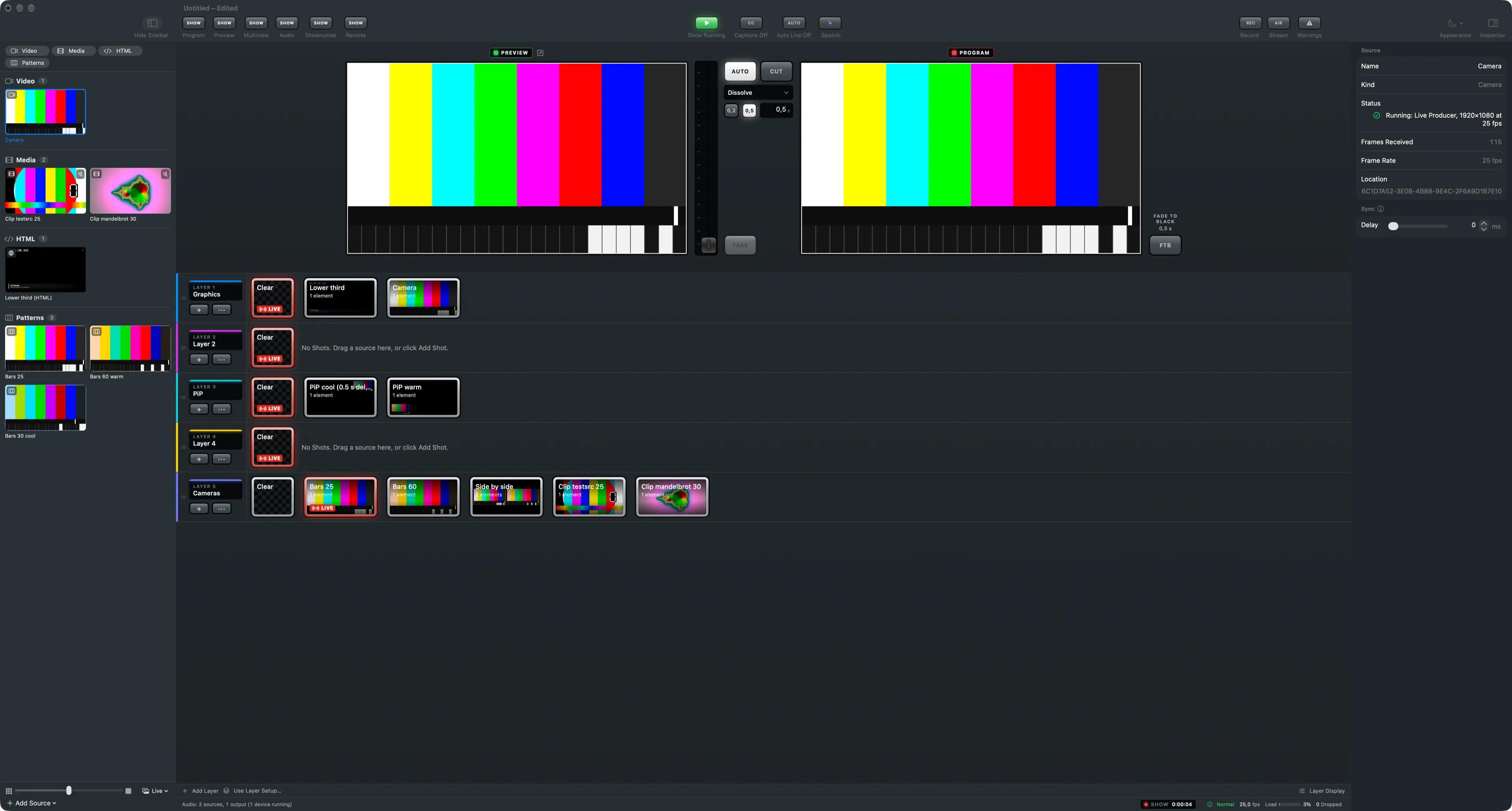 The main window with a camera selected: its tile in the sidebar’s Video group, its shot on the first layer, and the inspector’s Source section with its status, frames received and frame rate