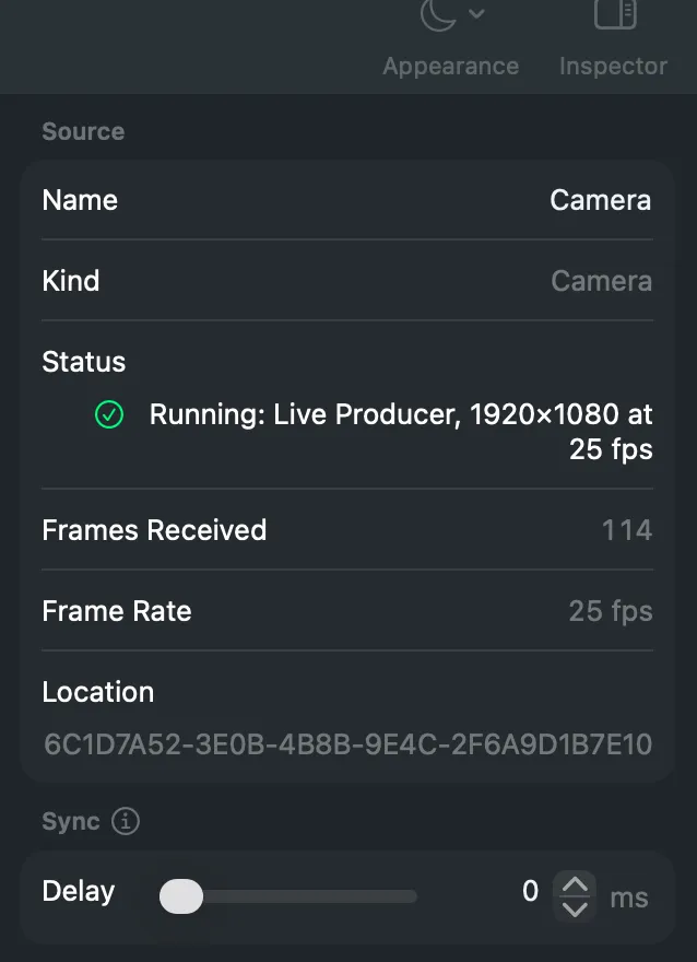The inspector’s Source section for a camera: Name, Kind, Status running at 1920 × 1080 and 25 fps, Frames Received and Frame Rate