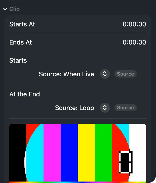 The shot’s Clip section: Starts At, Ends At, Starts and At the End