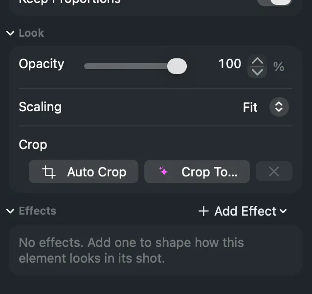 The Crop row of the Look section: Auto Crop, Crop To… and Remove