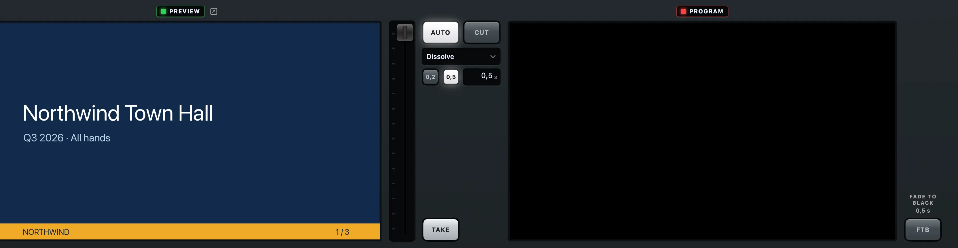 The preview monitor showing a deck’s first page, beside the transition column and the program