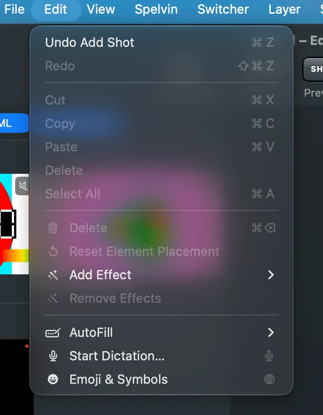 The Edit menu open, its first item Undo Add Shot with ⌘Z, then Redo