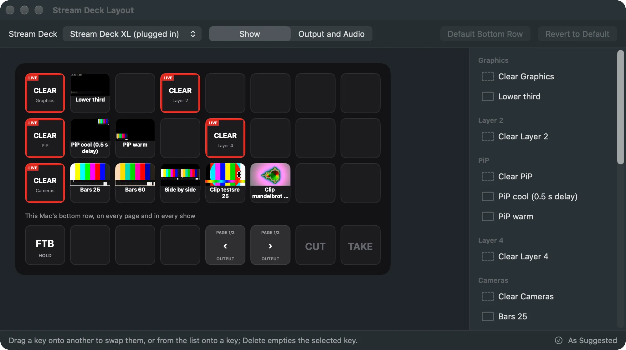The Stream Deck Layout window: the Stream Deck picker and page tabs at the top, the keys drawn as on the hardware, the list of actions on the right