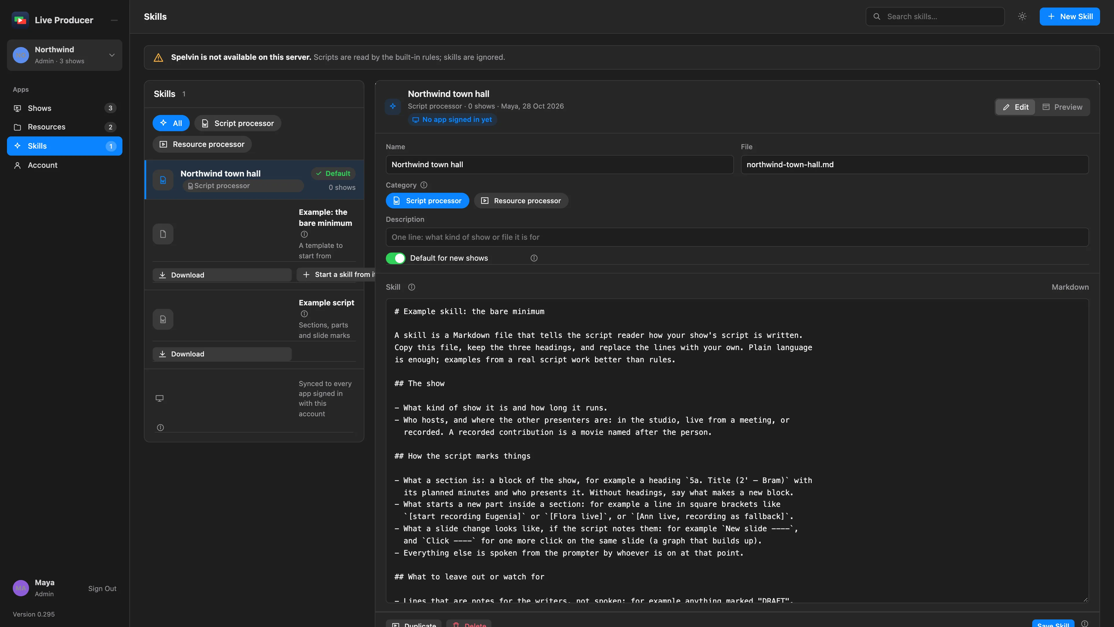 The Skills page with the example below the list and its Download and Start a skill from it buttons