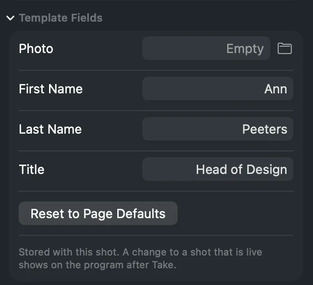 The Template Fields of one shot filled in with a name and a title