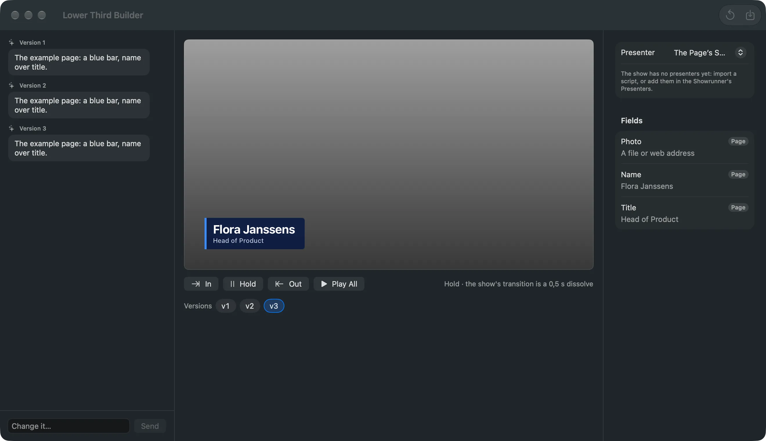 The Lower Third Builder after the first prompt: the prompt and Spelvin’s answer on the left, version 1 in the preview