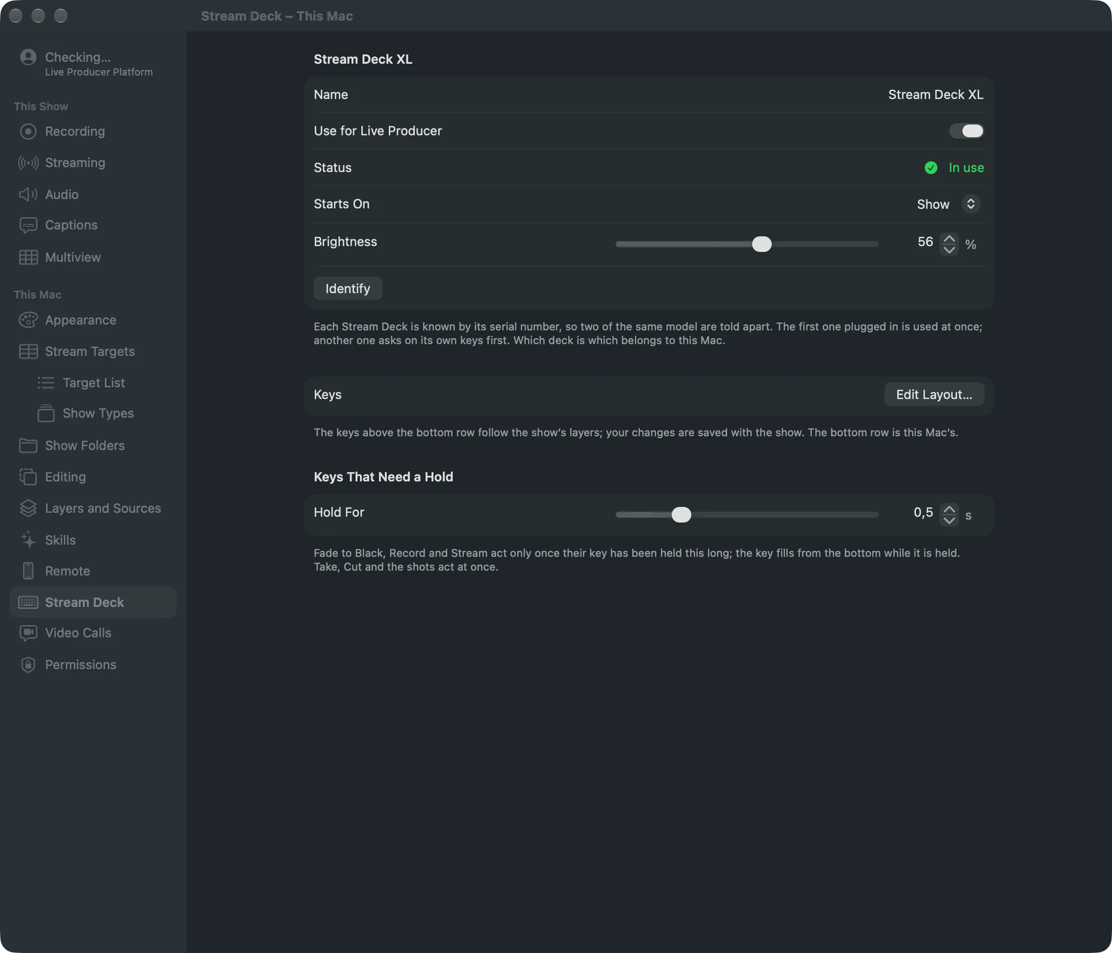 Settings › This Mac › Stream Deck: the Keys That Need a Hold section with Hold For set to 0.5 s