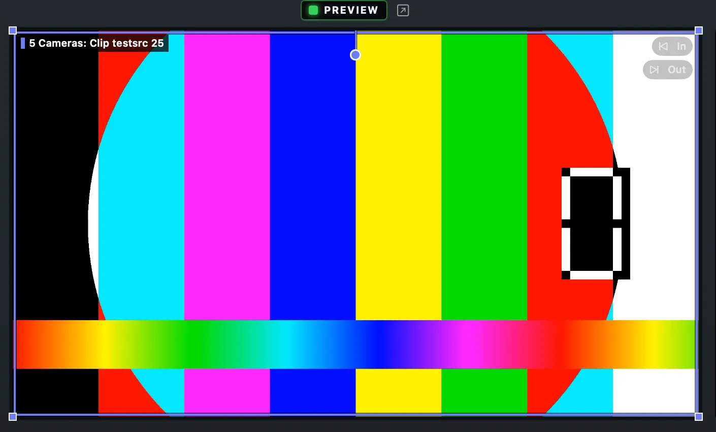 The preview while scrubbing a clip: the frame and its time under the pointer, the in and out point badges along the bottom
