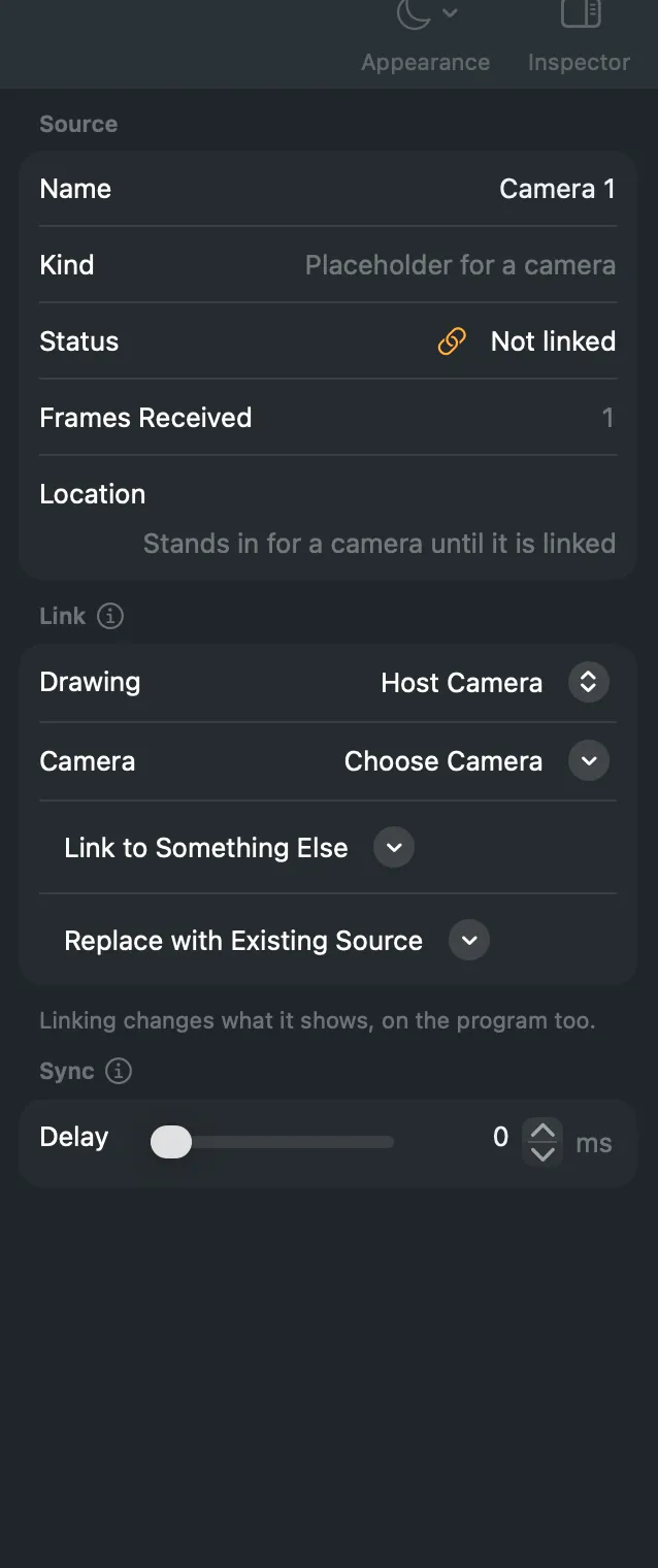 The inspector’s Link section for a camera stand-in: Drawing, Camera and Link to Something Else
