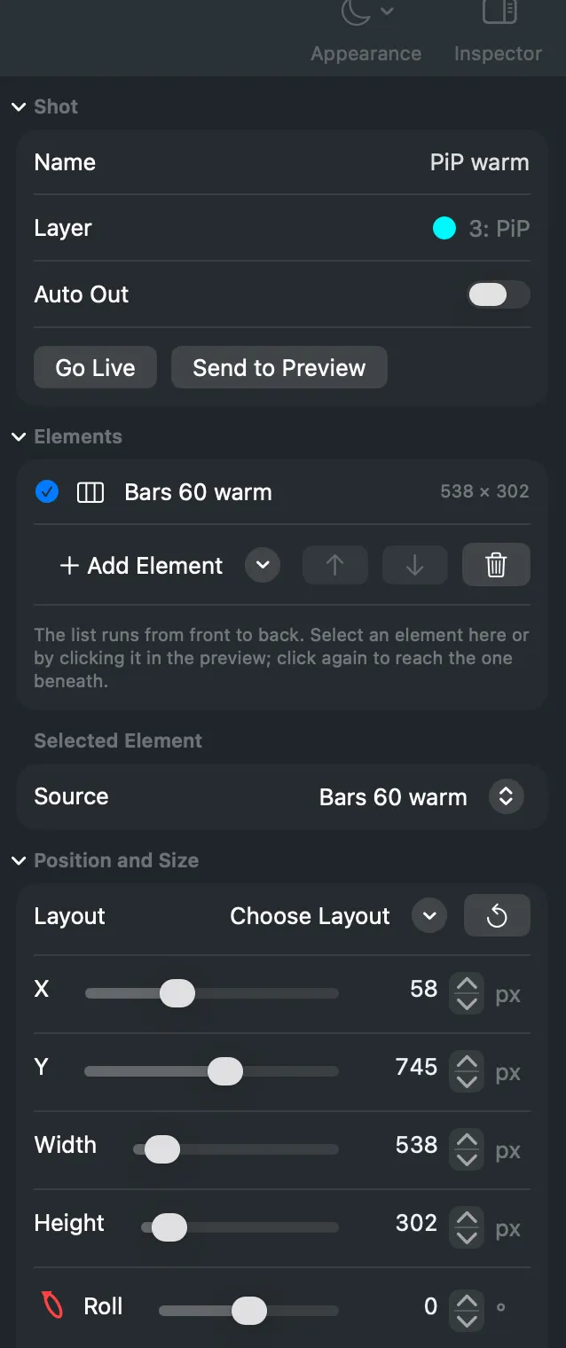 The inspector for a selected element: the Position and Size section with X, Y, Width, Height, Roll, Pitch and Yaw, then Look and Effects