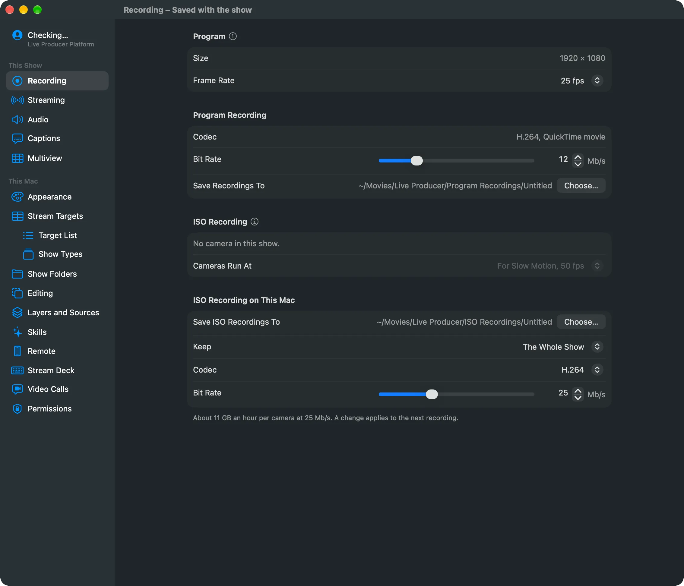 The ISO Recording group of the Recording settings: one checkbox per camera and the Cameras Run At picker