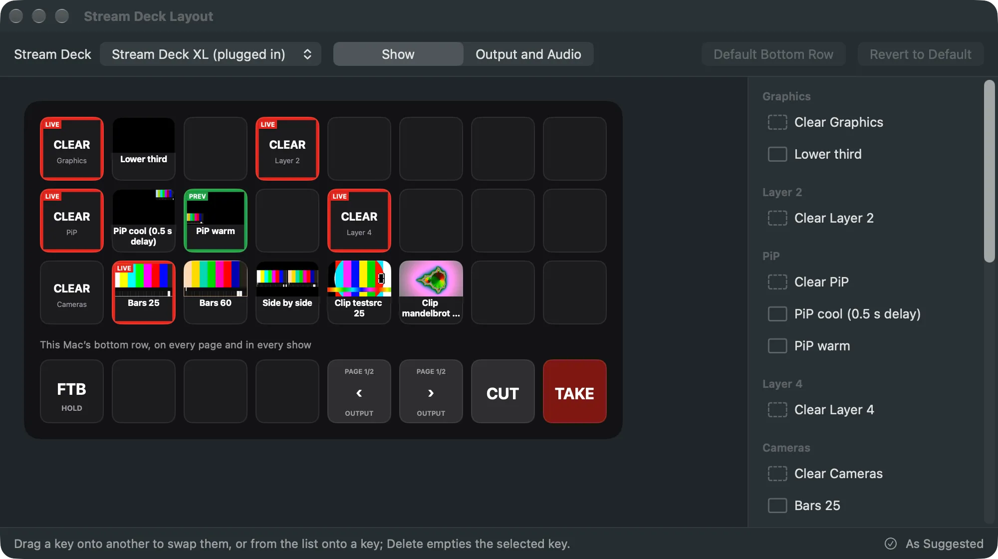Three keys up close: a shot marked LIVE, a shot marked PREV, and the FTB key