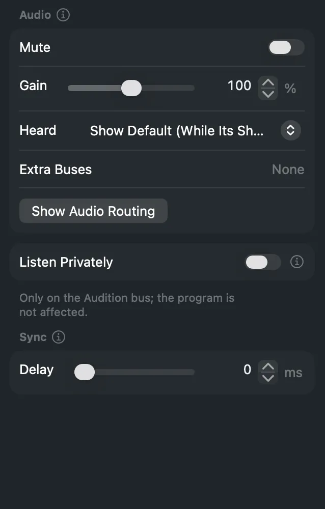 The inspector of an audio input with Listen Privately turned on
