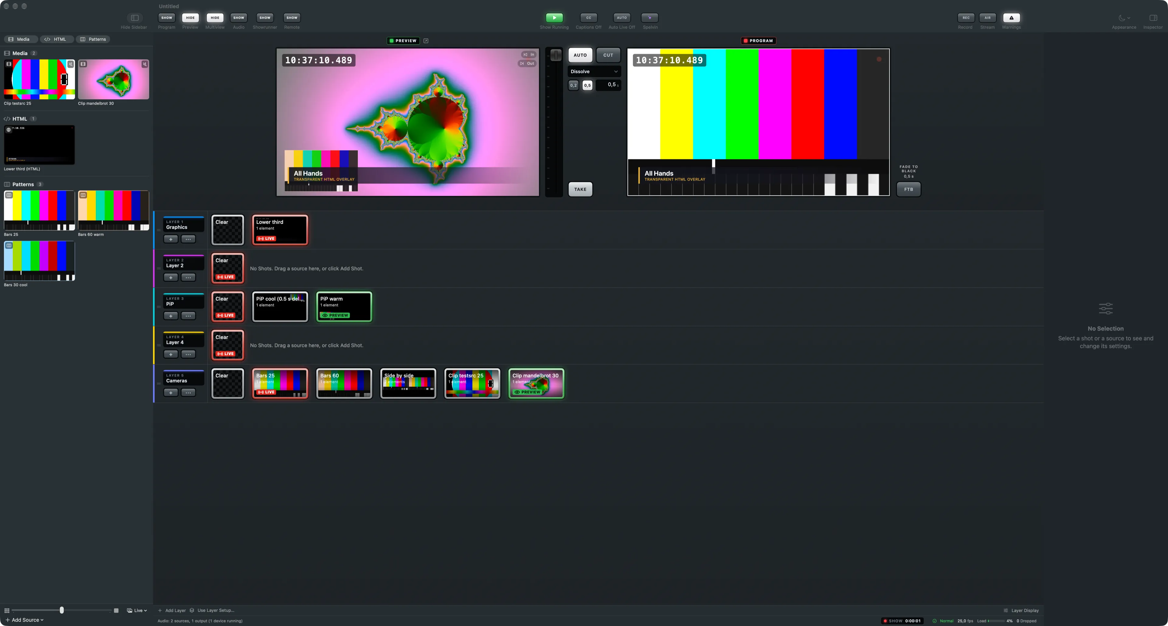 The main window with the demo show, the sources sidebar on the left showing the Patterns, Media and HTML groups