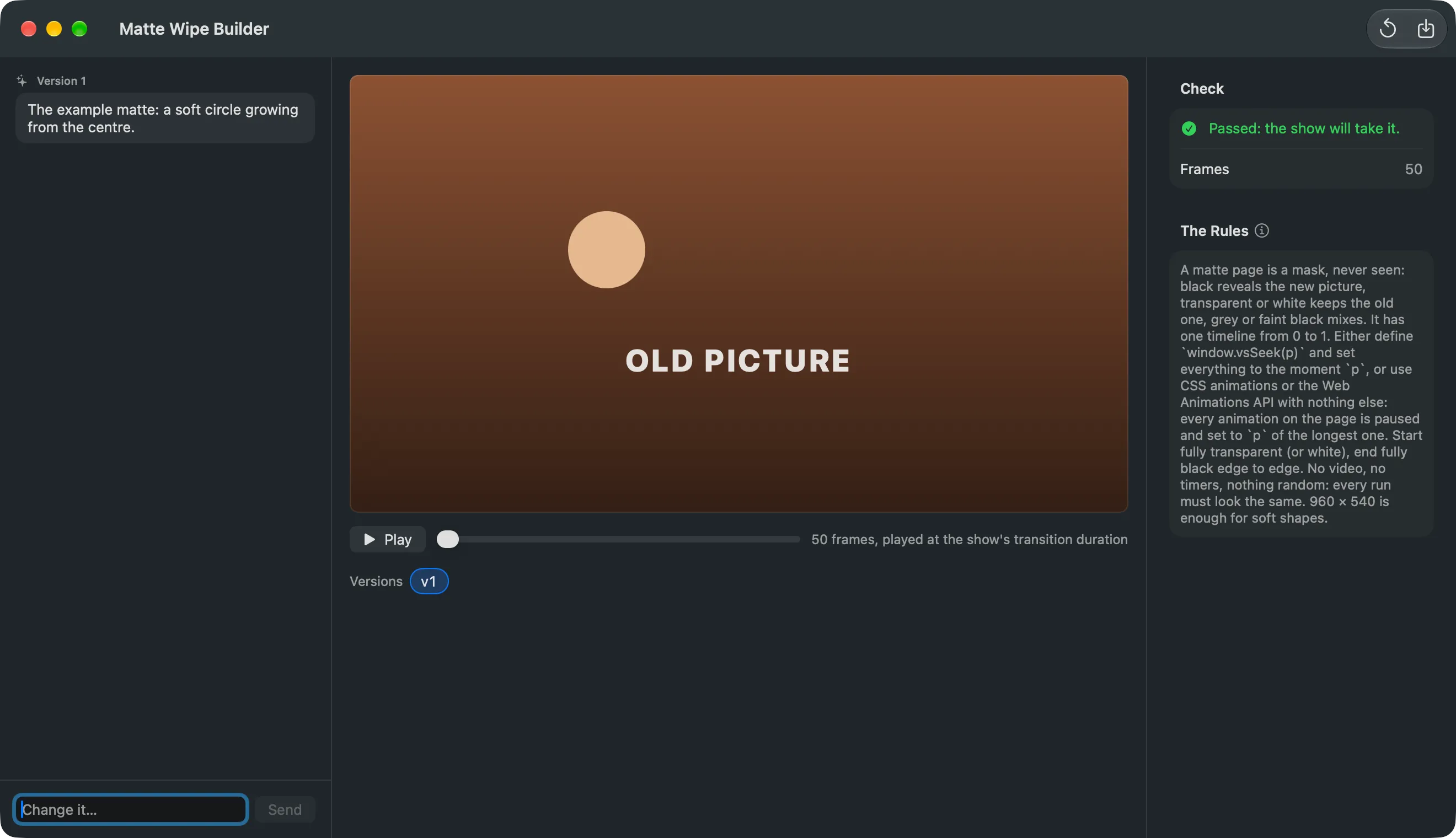 The Matte Wipe Builder, empty, with its placeholder Describe the wipe in the field
