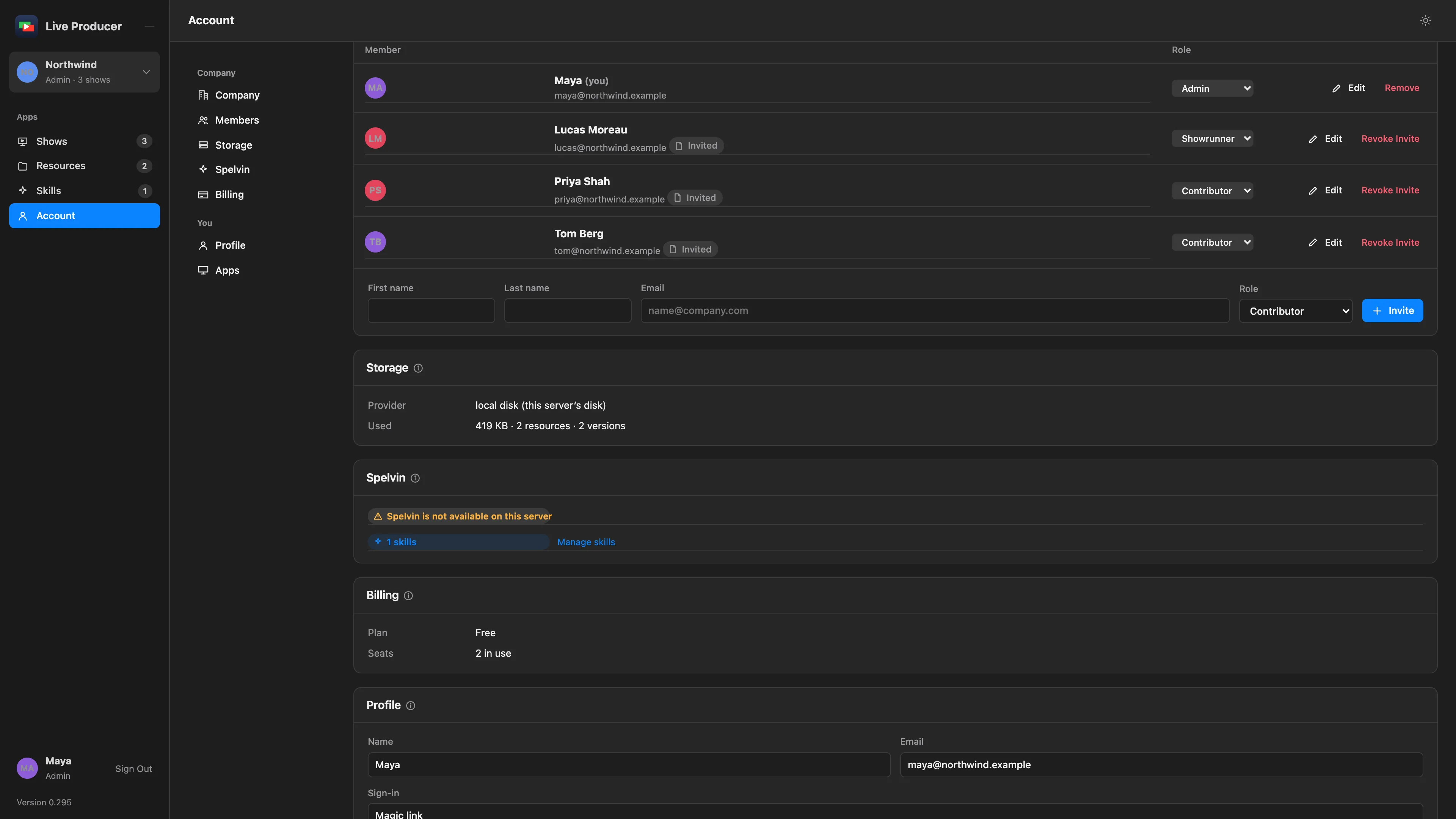 The Members card’s invite line filled in: first name, last name, email, the Role menu on Contributor, and the Invite button