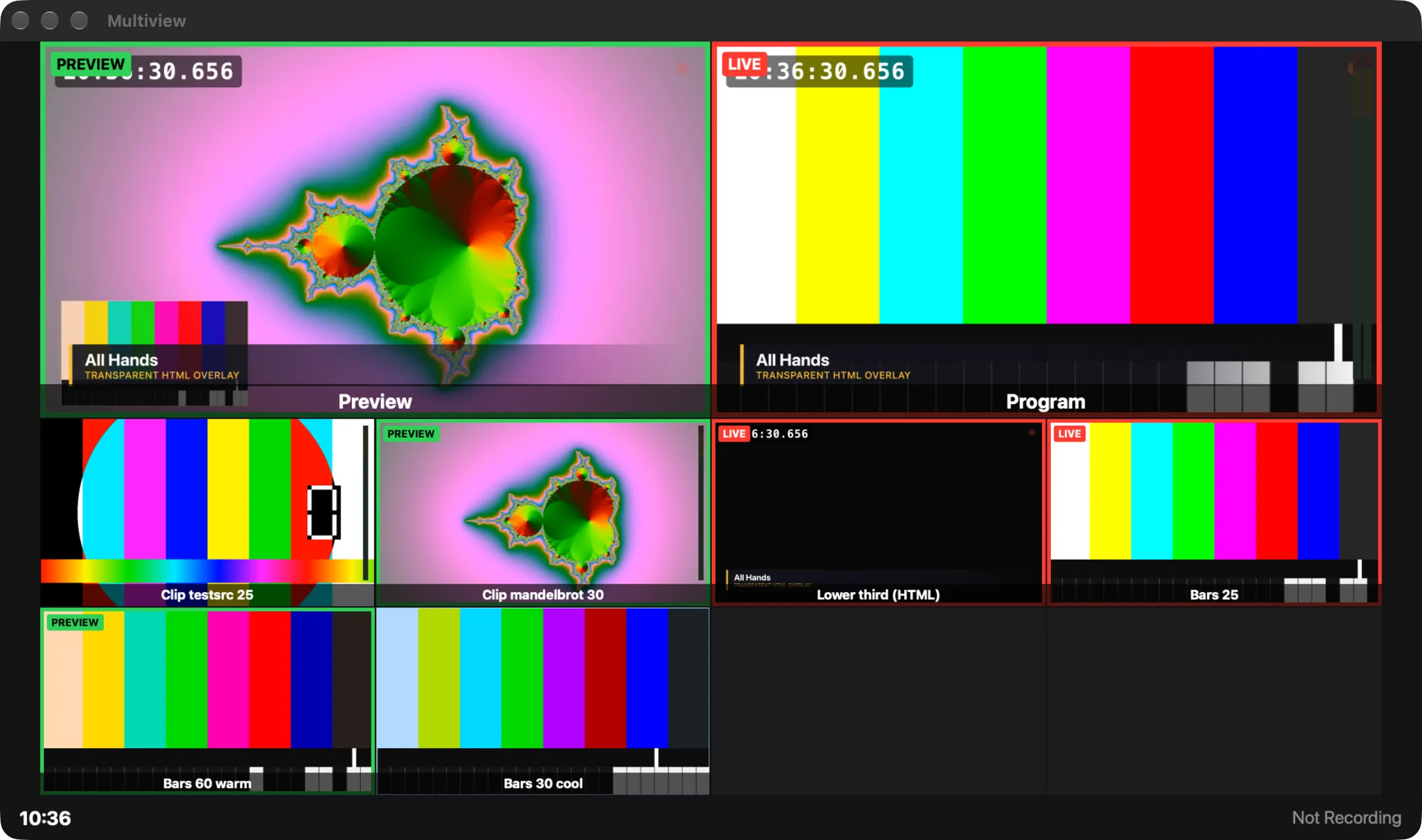 The Multiview window in its default 2 + 8 layout: preview and program at the top, the sources below, the status strip along the bottom