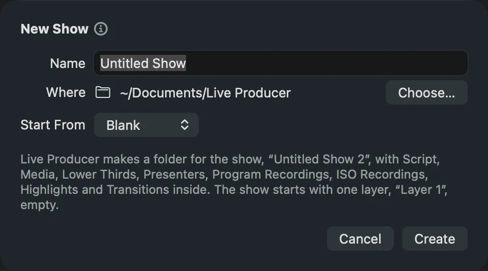 The New Show sheet: Name, Where with Choose…, the Start From pop-up on Standard, and a sentence on the folder and what the show starts with