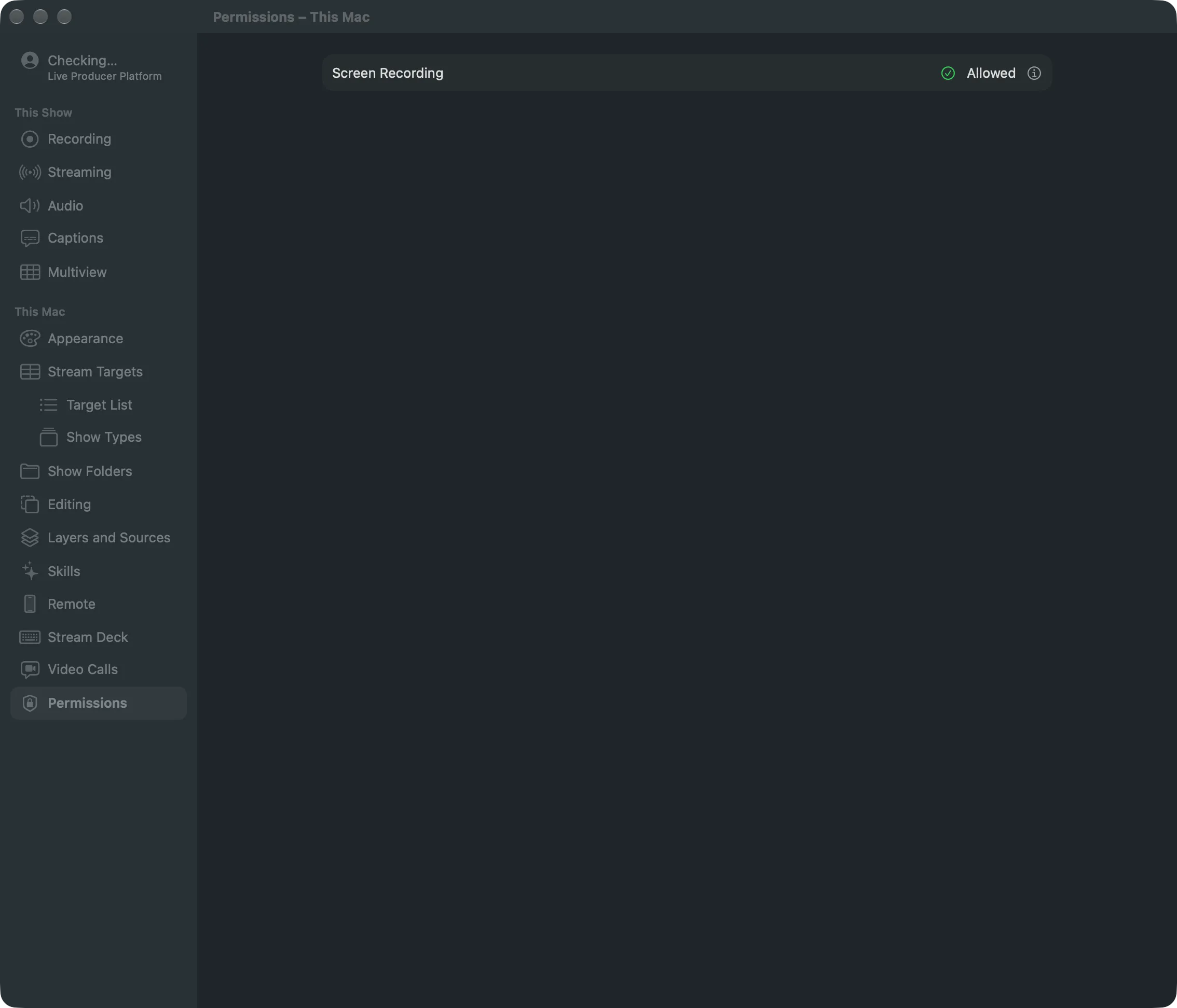 Settings › This Mac › Permissions showing Screen Recording as Allowed