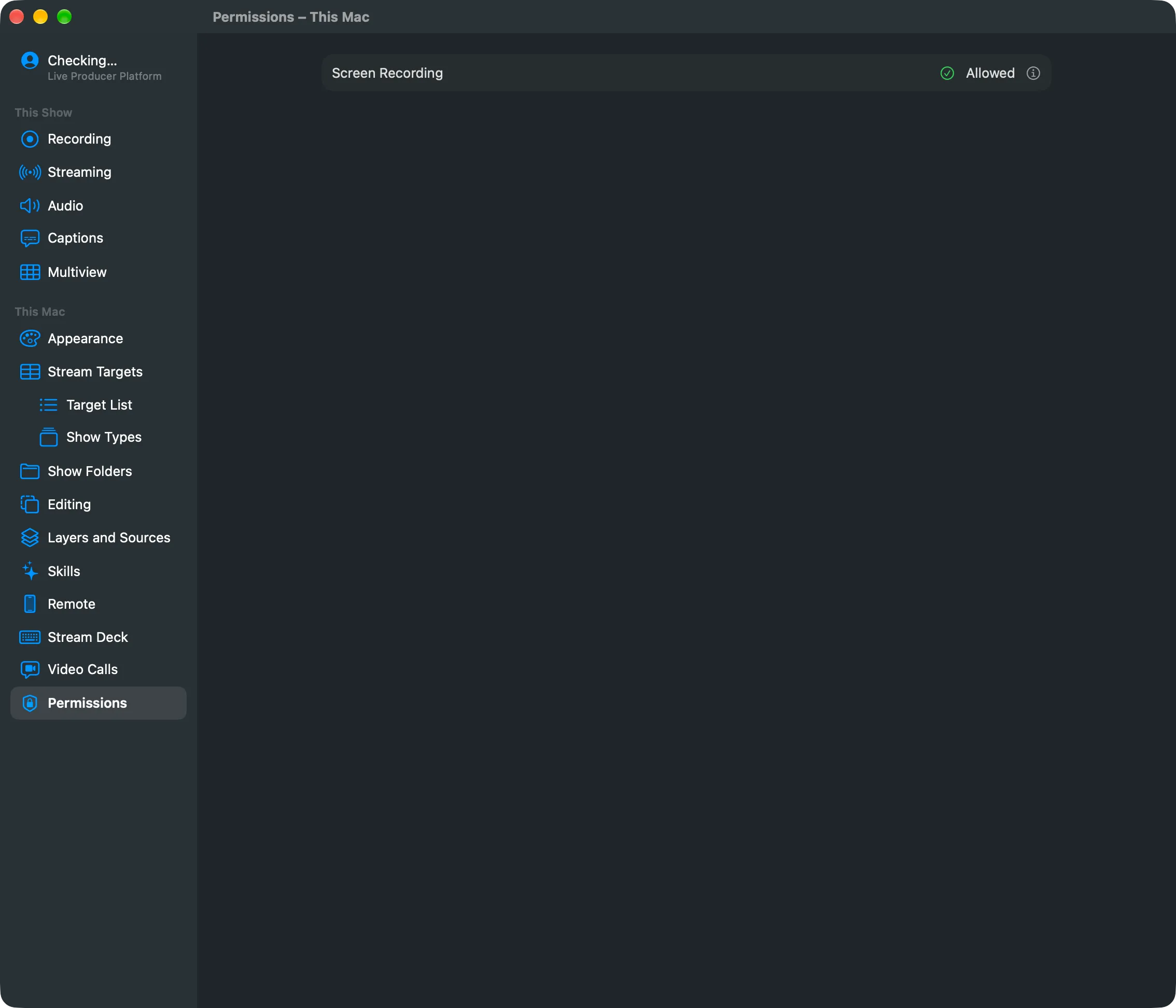 Settings › This Mac › Permissions: Screen Recording with its state and, when not allowed, the Request Access… button
