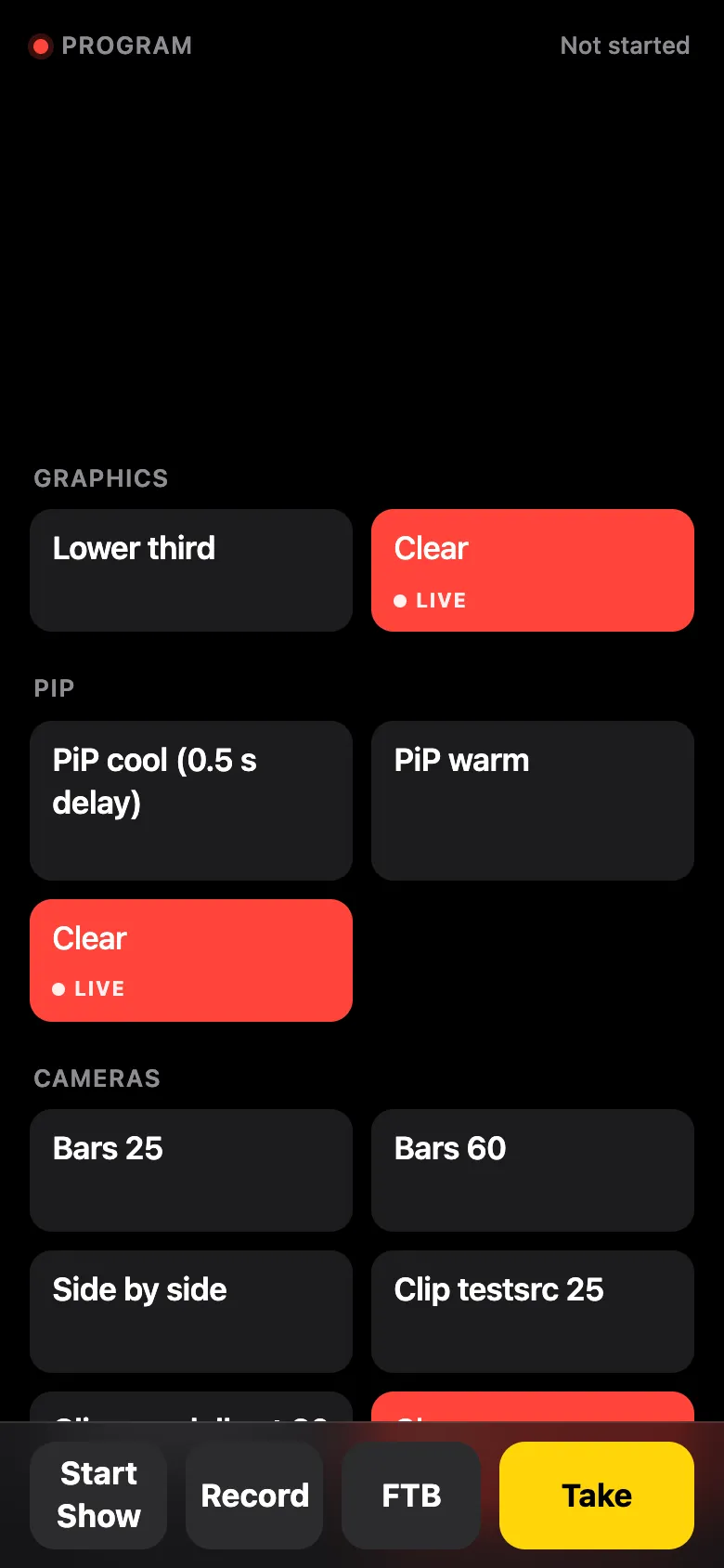 The phone remote on a phone: the program picture with the show clock, each layer’s shots as keys with Clear and LIVE, and Record, FTB and Take at the bottom