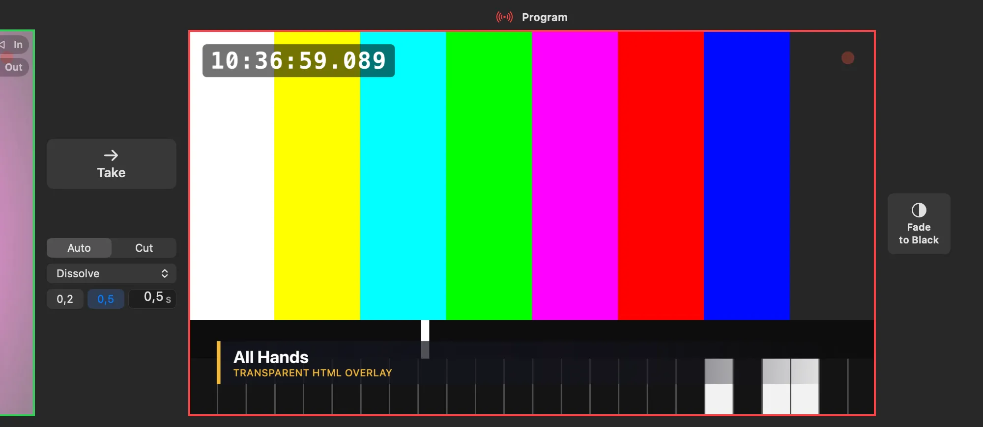 The transition column in the Plain look: Take, the Auto and Cut segments, the Dissolve pop-up, the 0.2 and 0.5 preset buttons and the duration field