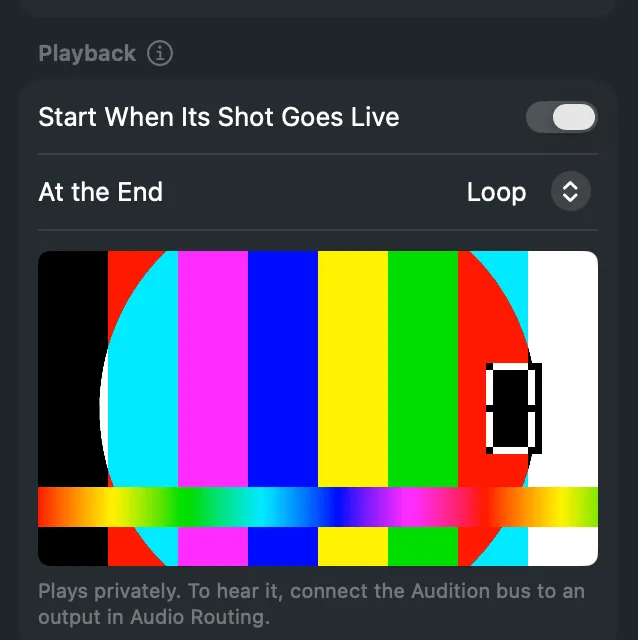 The inspector’s Playback section for the clip: Start When Its Shot Goes Live and At the End