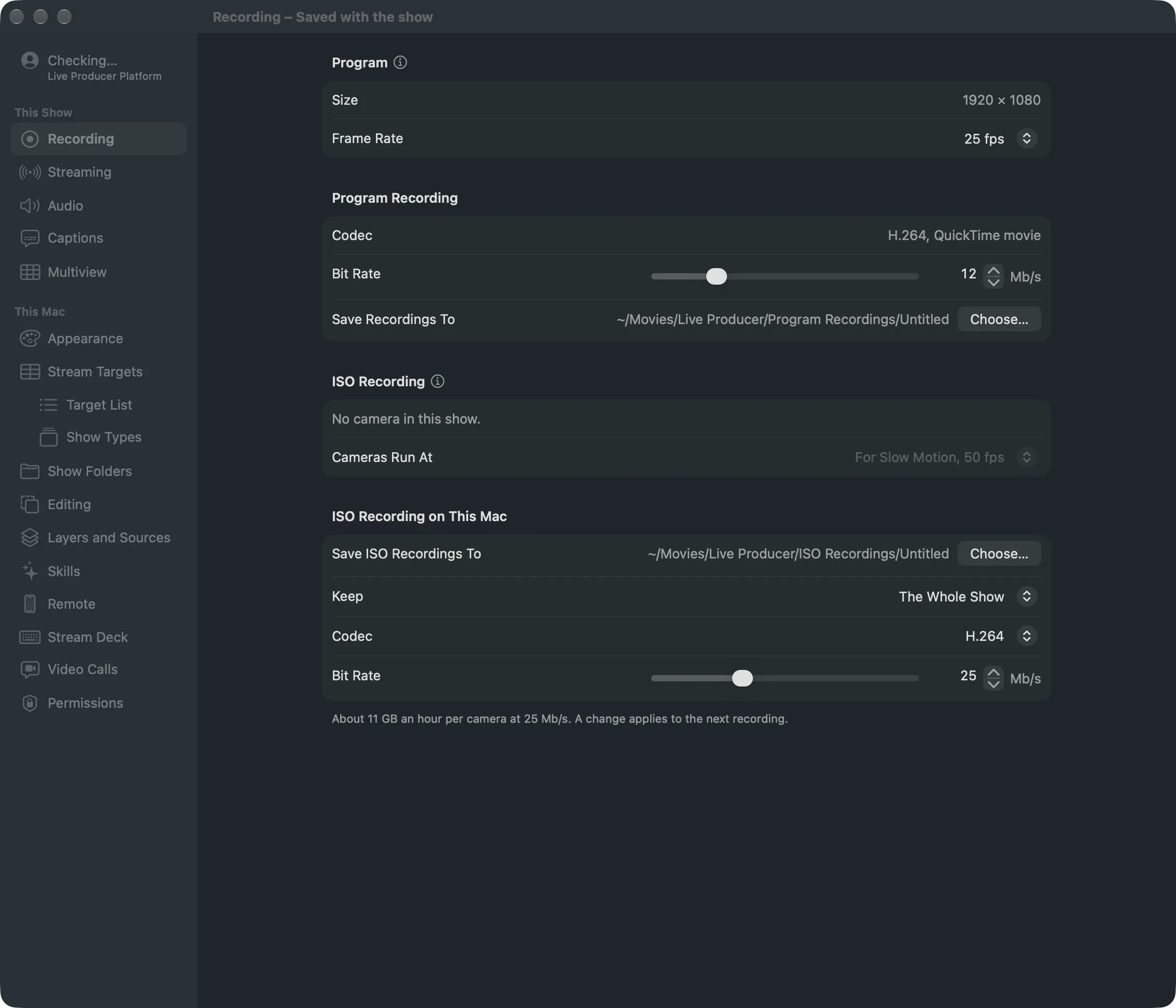 The Program Recording group of the Recording settings: Codec, Bit Rate and Save Recordings To