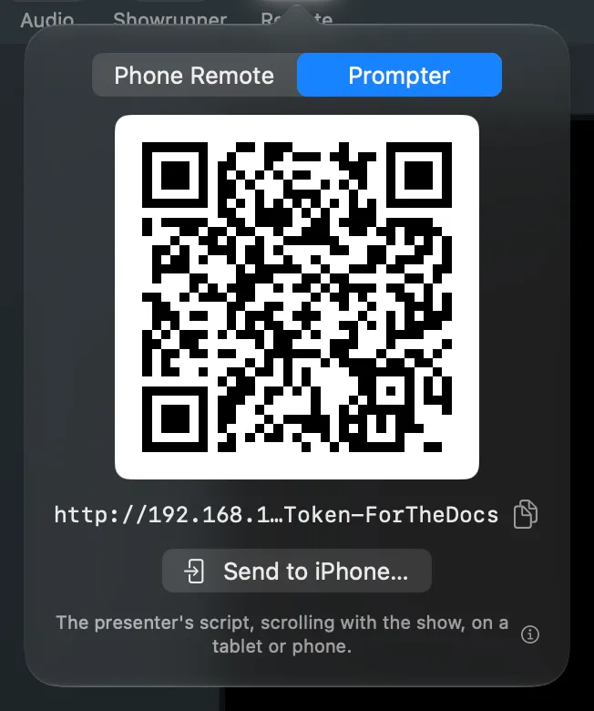 The Remote popover on Prompter: the QR code, the address with its copy button and Send to iPhone… (a sample address in this picture)