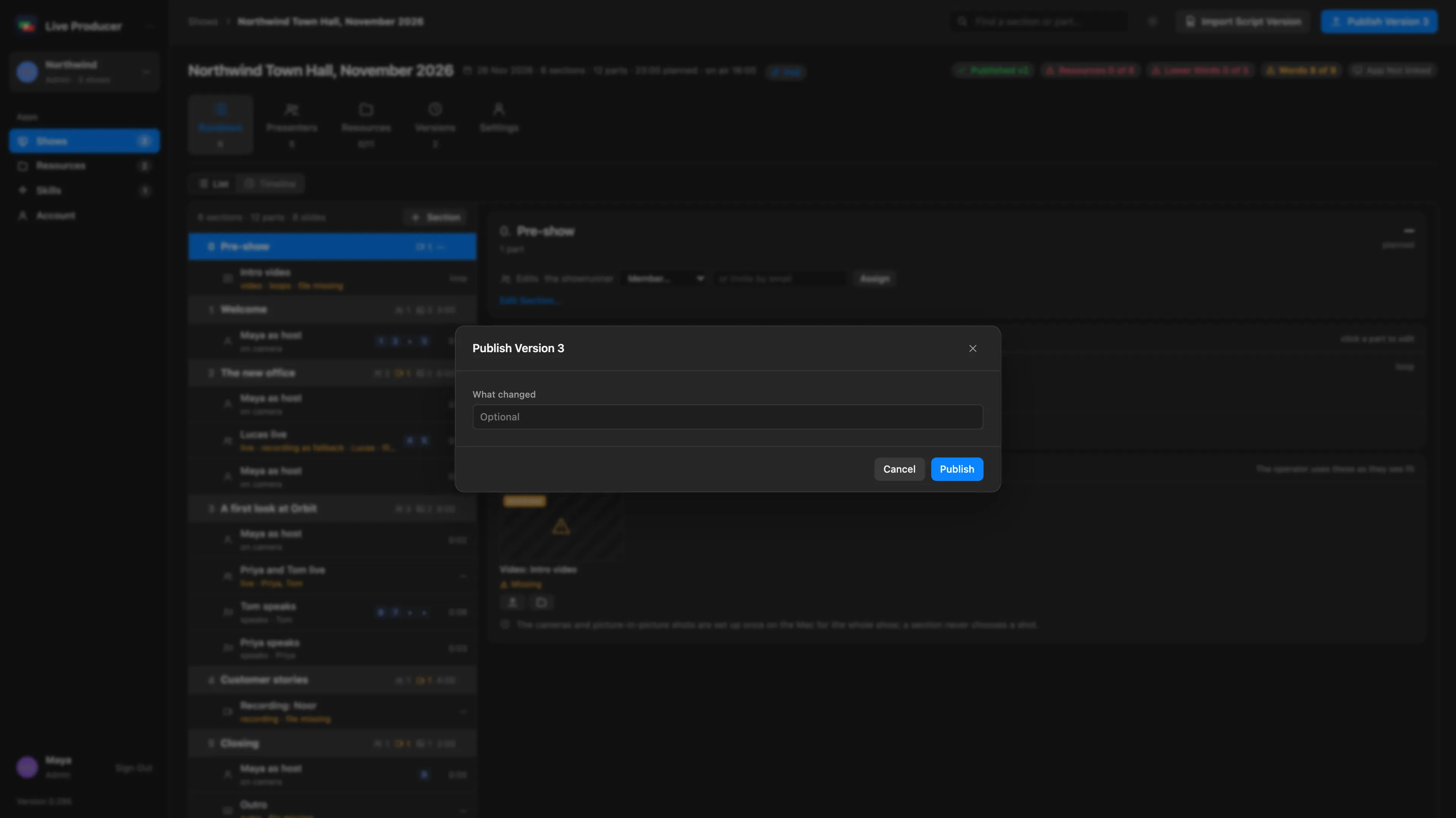 The Publish Version dialog with the What changed field and the Publish button