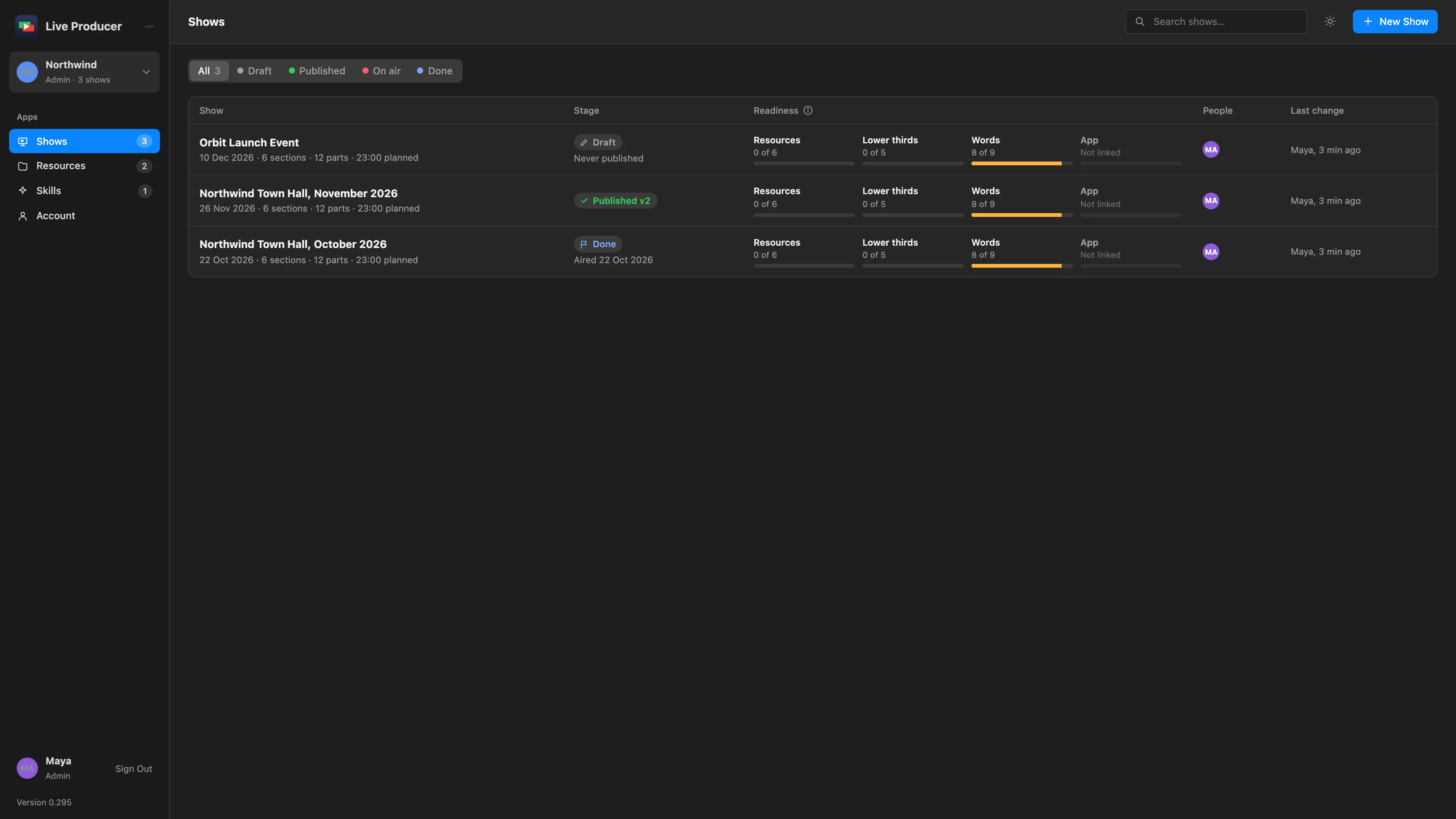 The Shows page’s top bar with the New Show button