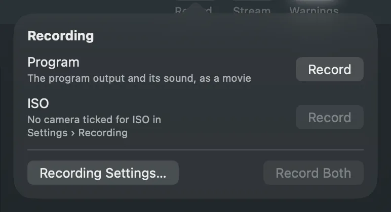 The Record popover: a Program row and an ISO row, each with a Record button, and Record Both at the bottom