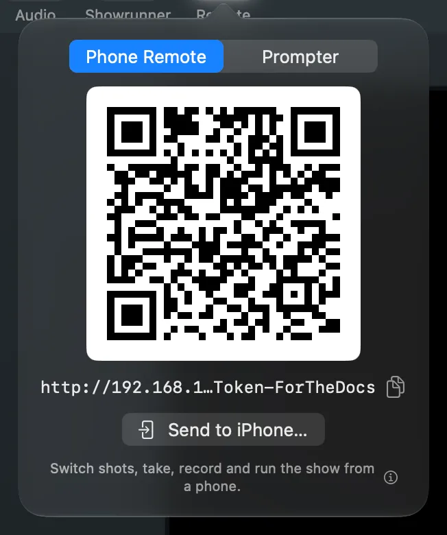 The Remote popover on Phone Remote: the QR code, the address with its copy button, Send to iPhone… and what the page is for (a sample address in this picture)