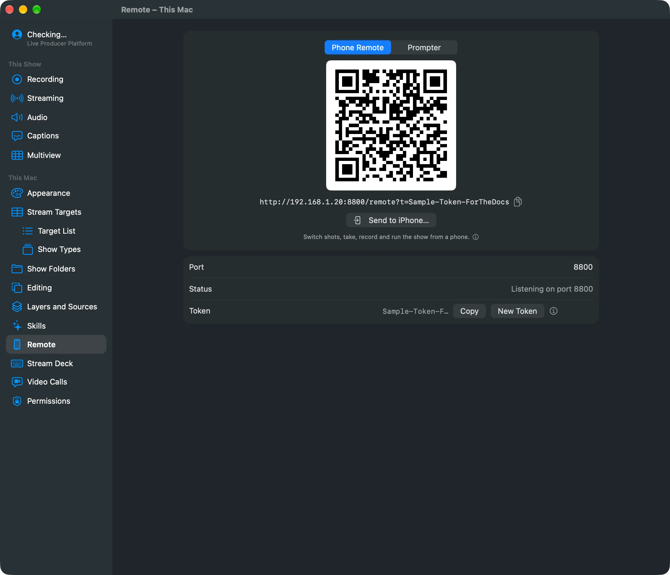 Settings › This Mac › Remote: the phone remote’s QR code and address, Send to iPhone…, then Port, Status and Token with Copy and New Token (a sample token in this picture)