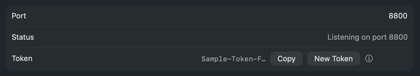 The Port, Status and Token rows of Settings › This Mac › Remote, with Copy and New Token beside the token (a sample token in this picture)