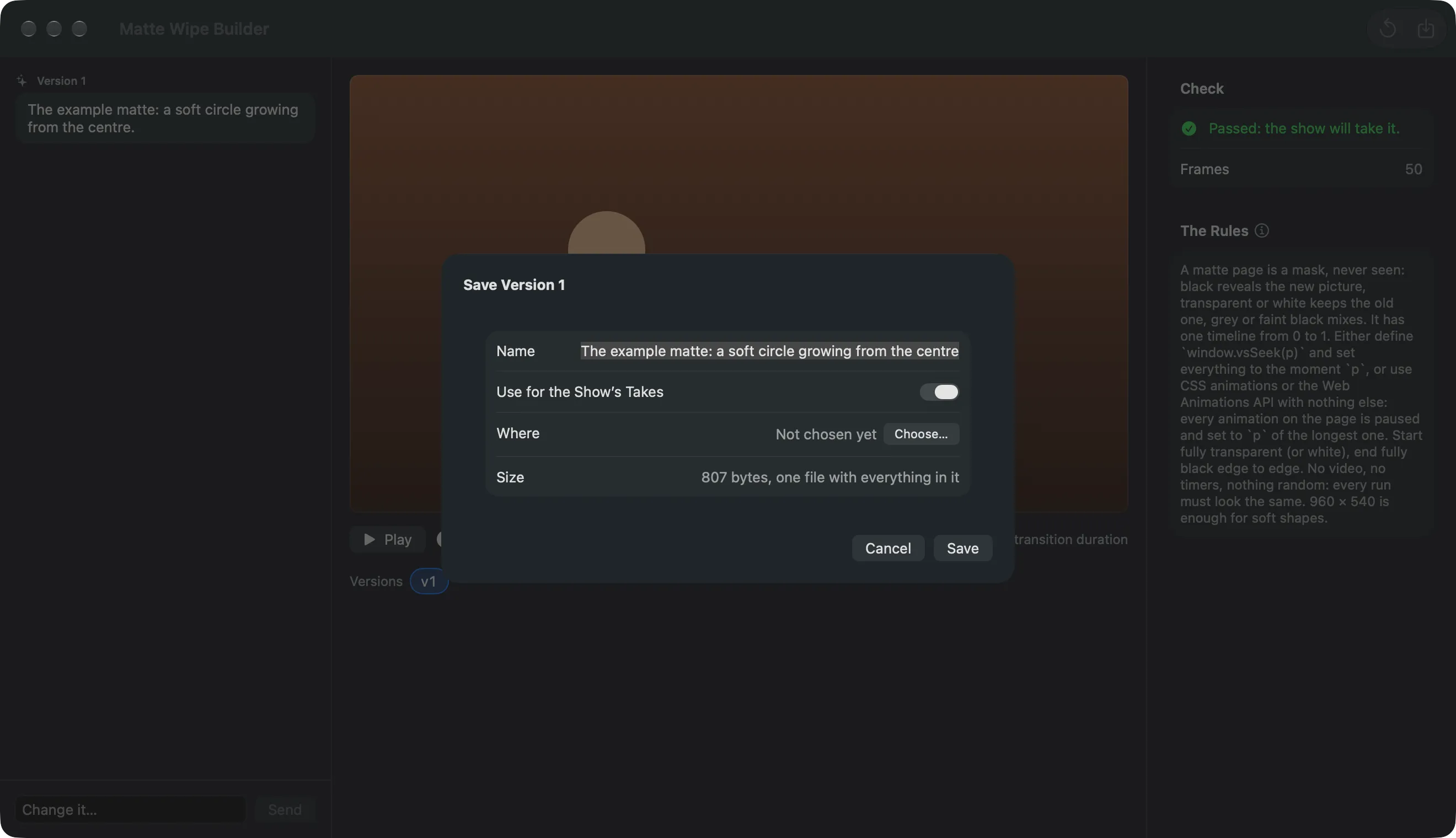 The Save Version sheet over the Matte Wipe Builder: Name, Use for the Show’s Takes, Where with Choose…, the size, Cancel and Save