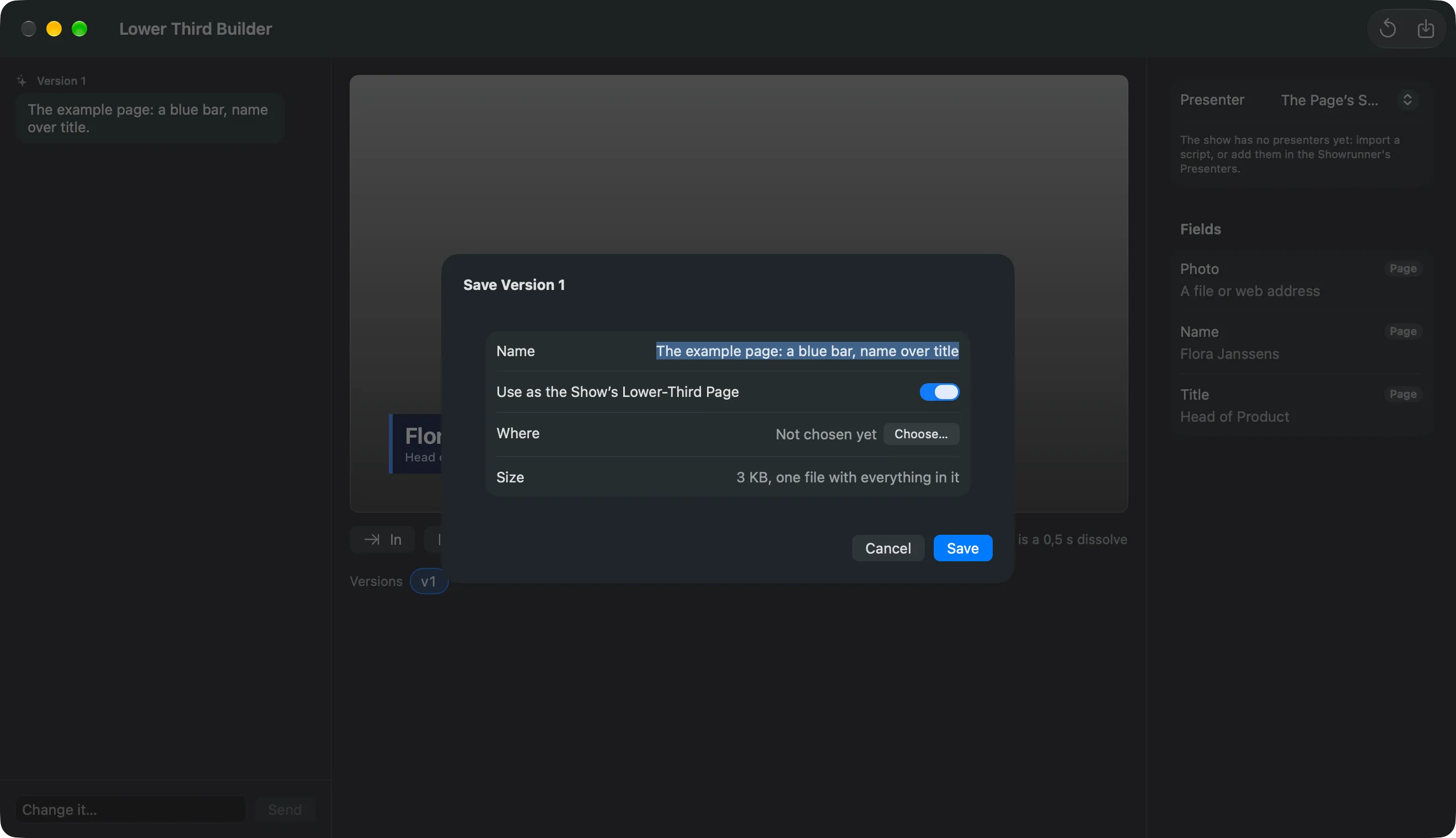 The Save Version sheet over the Lower Third Builder: Name, Use as the Show’s Lower-Third Page, Where with Choose…, the size, Cancel and Save