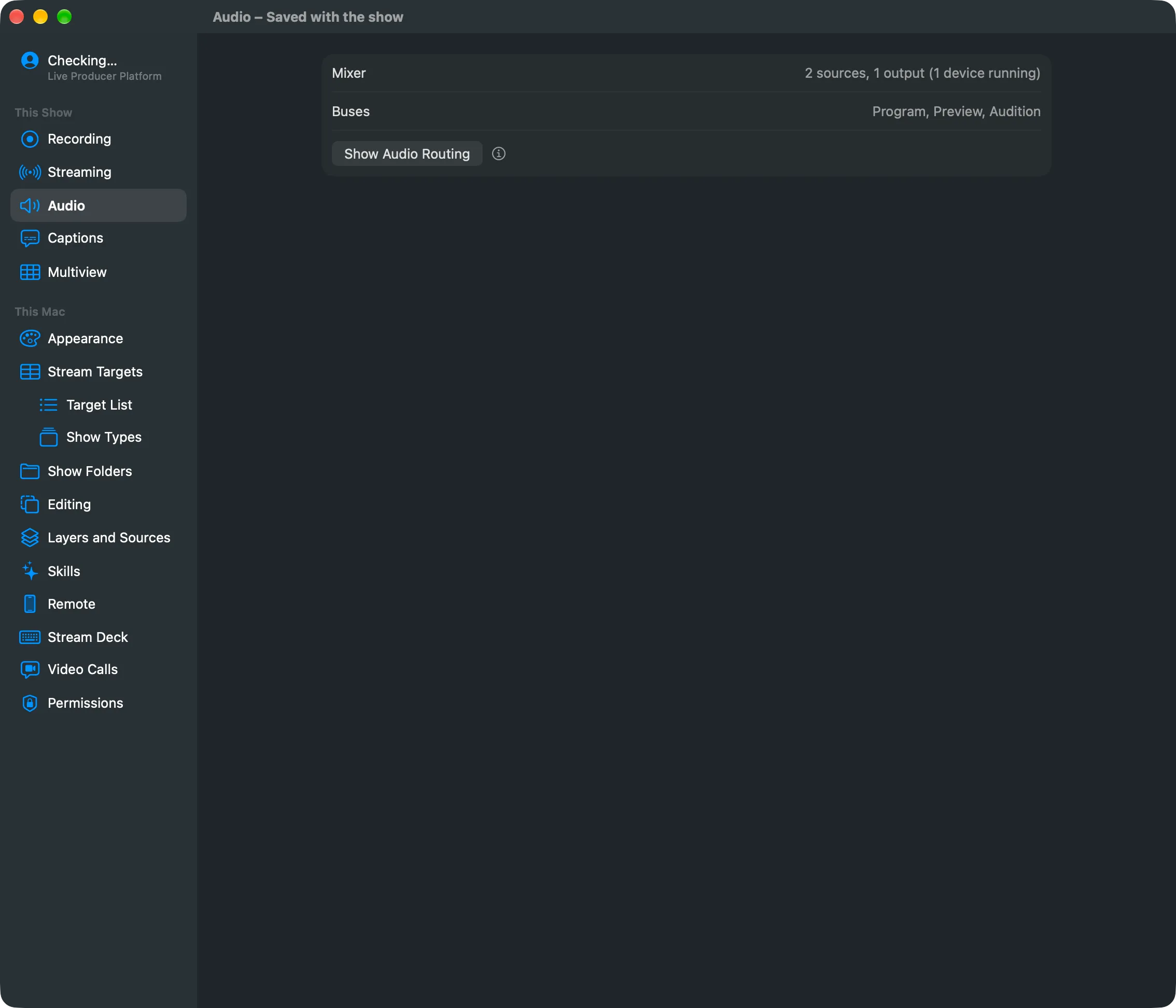Settings › This Show › Audio: Mixer, Buses and the Show Audio Routing button