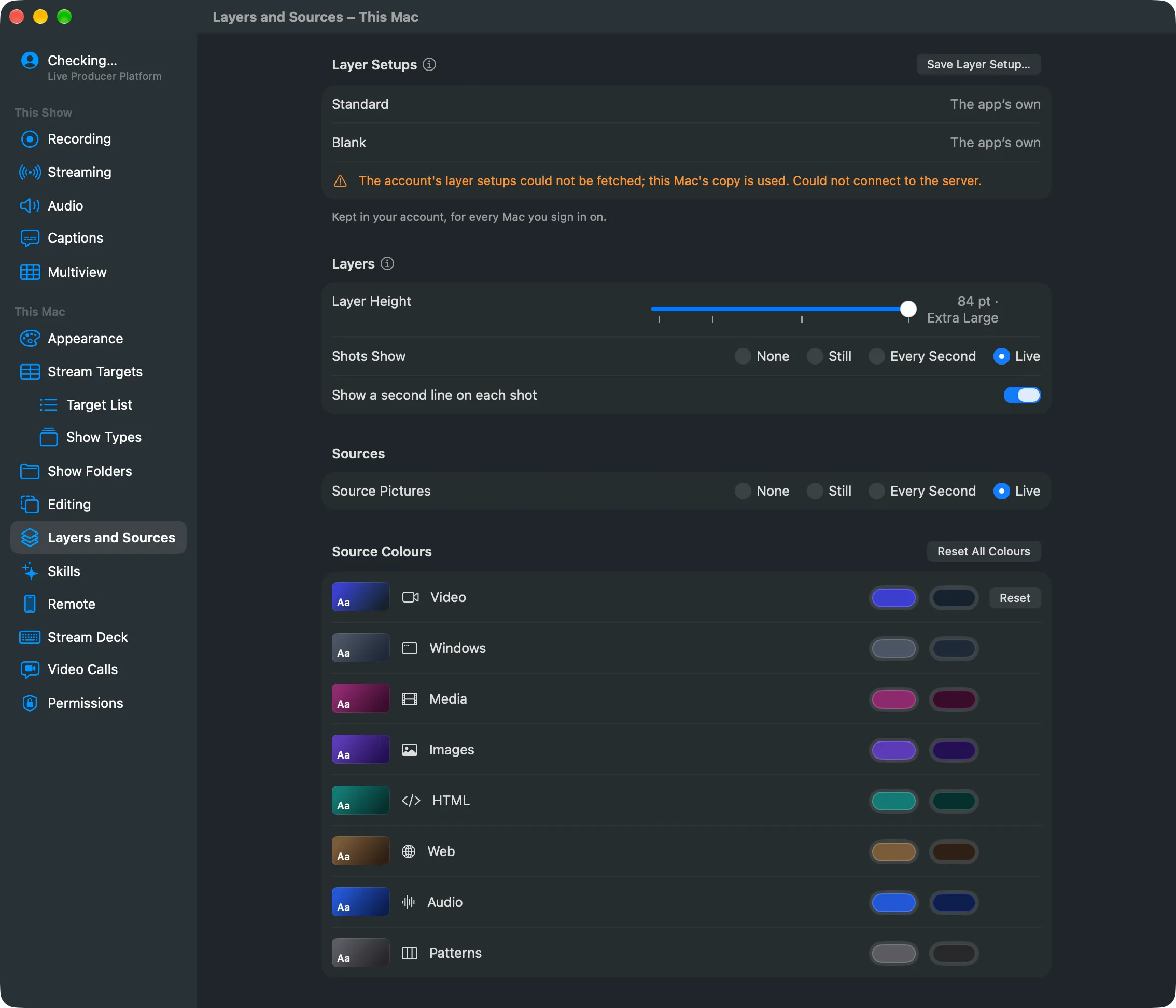 Settings › This Mac › Layers and Sources with the Layer Setups list: Standard and Blank as the app’s own, then the saved setup