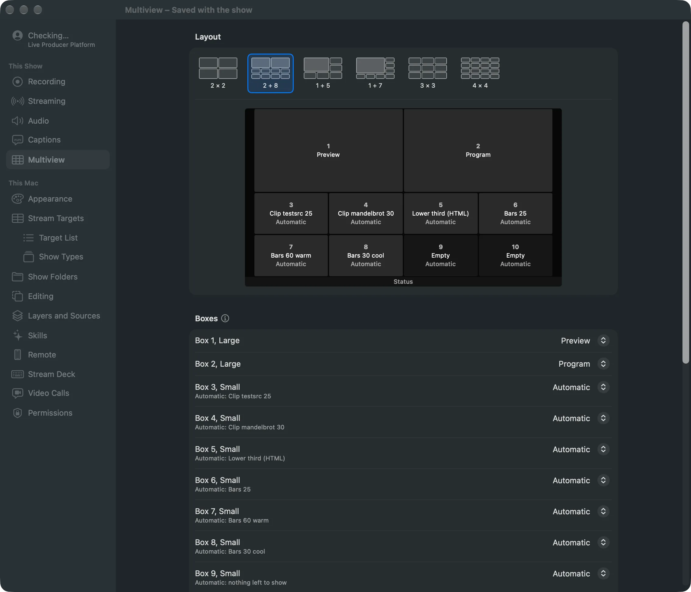 Settings › This Show › Multiview: the six layouts, the diagram of the boxes, and a picker per box