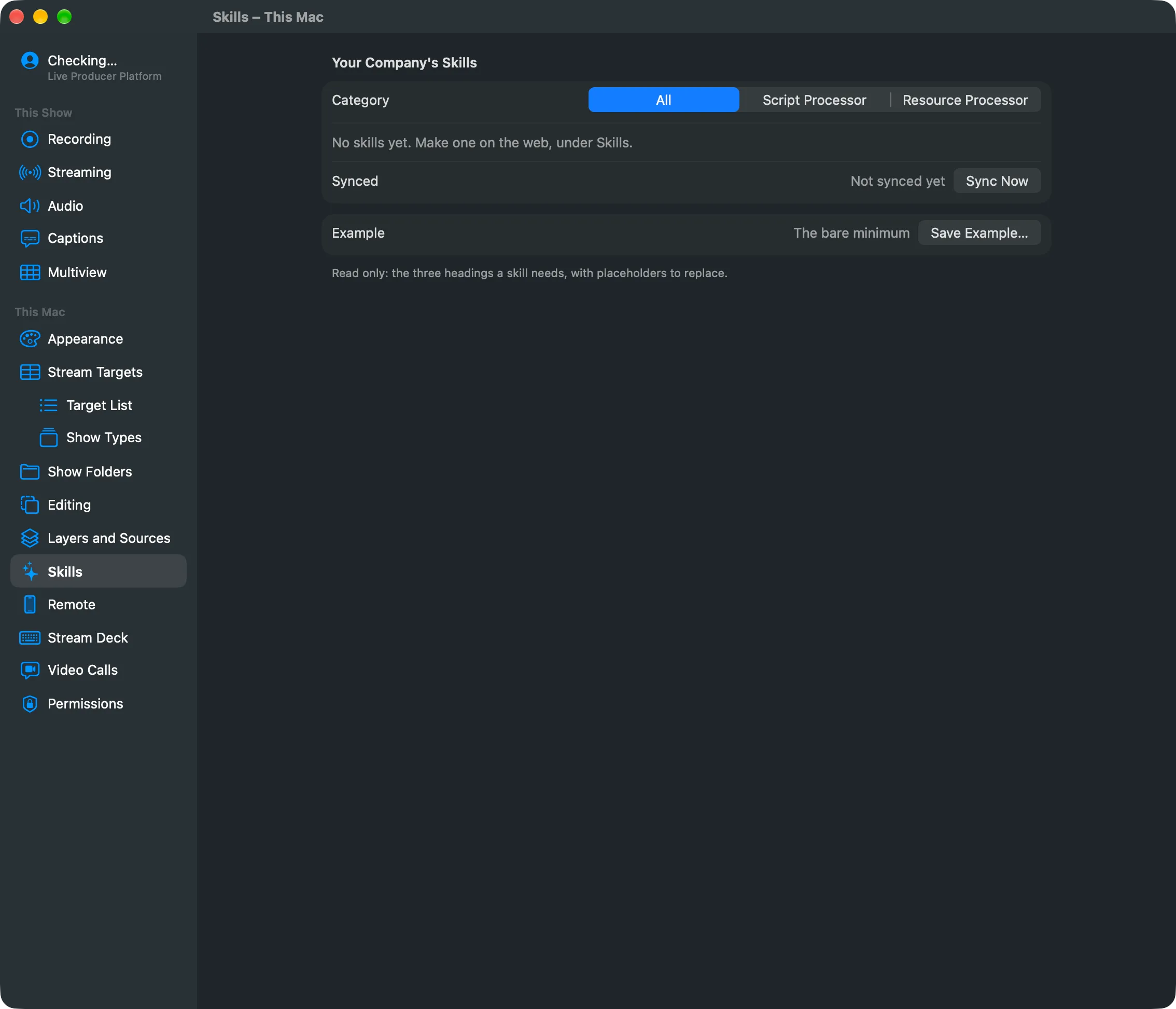 Settings › This Mac › Skills in the Studio: the Category picker, a skill’s Markdown, and Save to Web