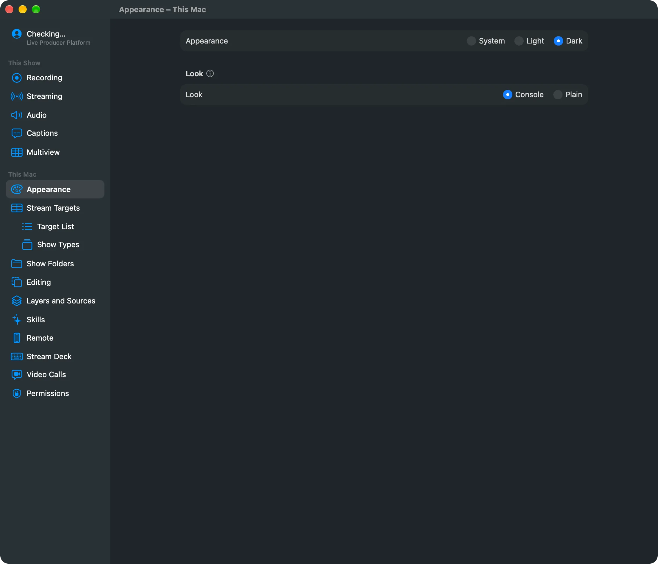 The Settings window: the list of panes on the left — Account, This Show, This Mac — and the selected pane on the right