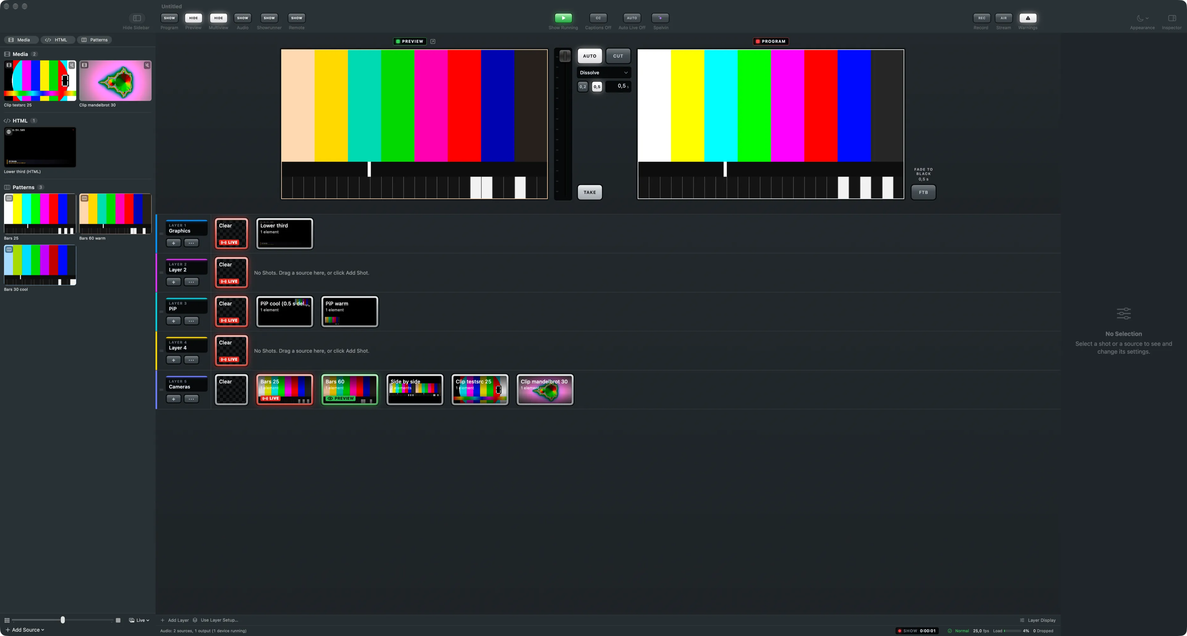 A layer strip with one shot lit green and tagged PREVIEW, and the preview monitor showing it