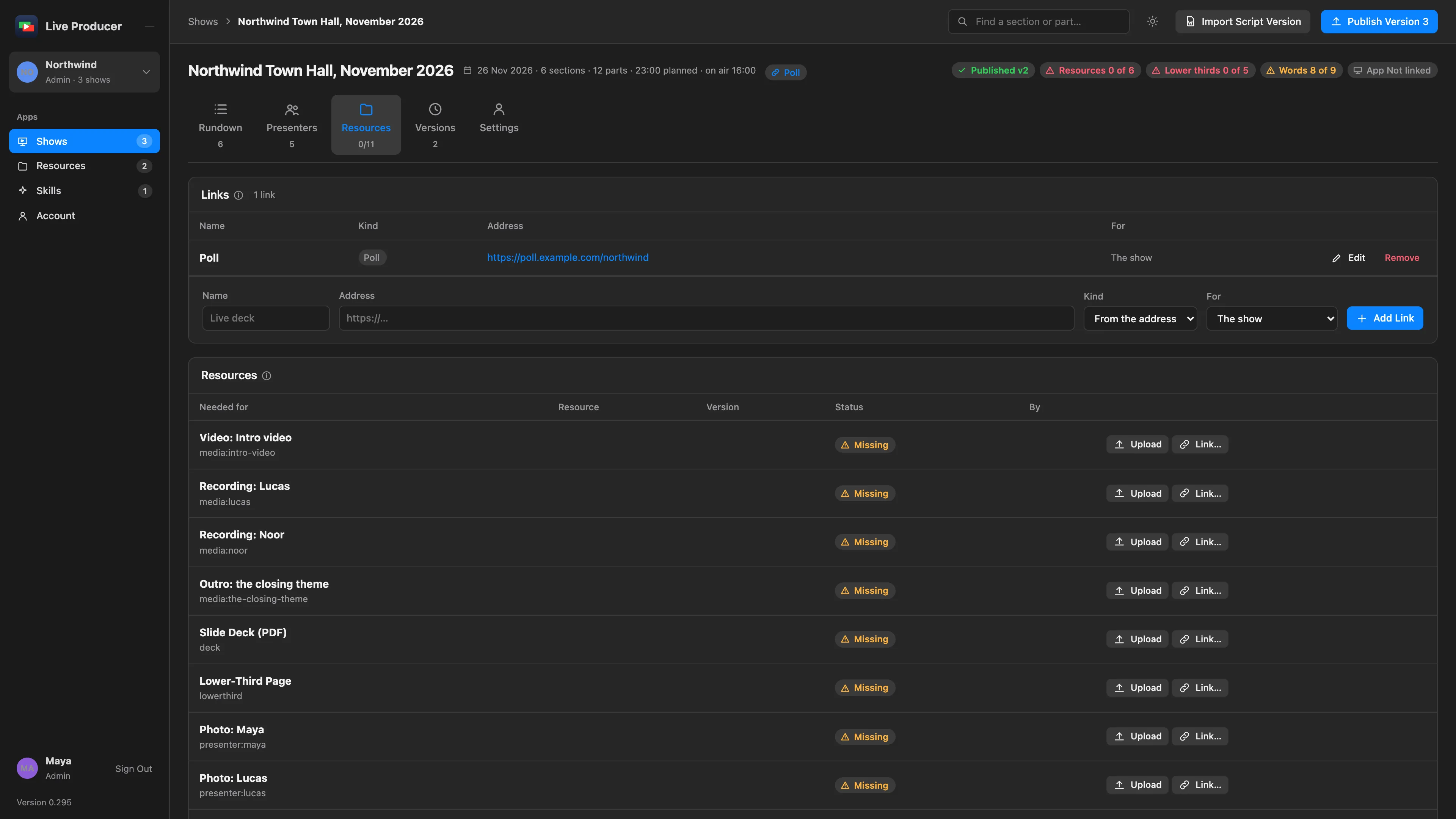 A show’s Resources tab: rows for recordings and photos, some linked with a version, one Missing, each with Upload and Link…