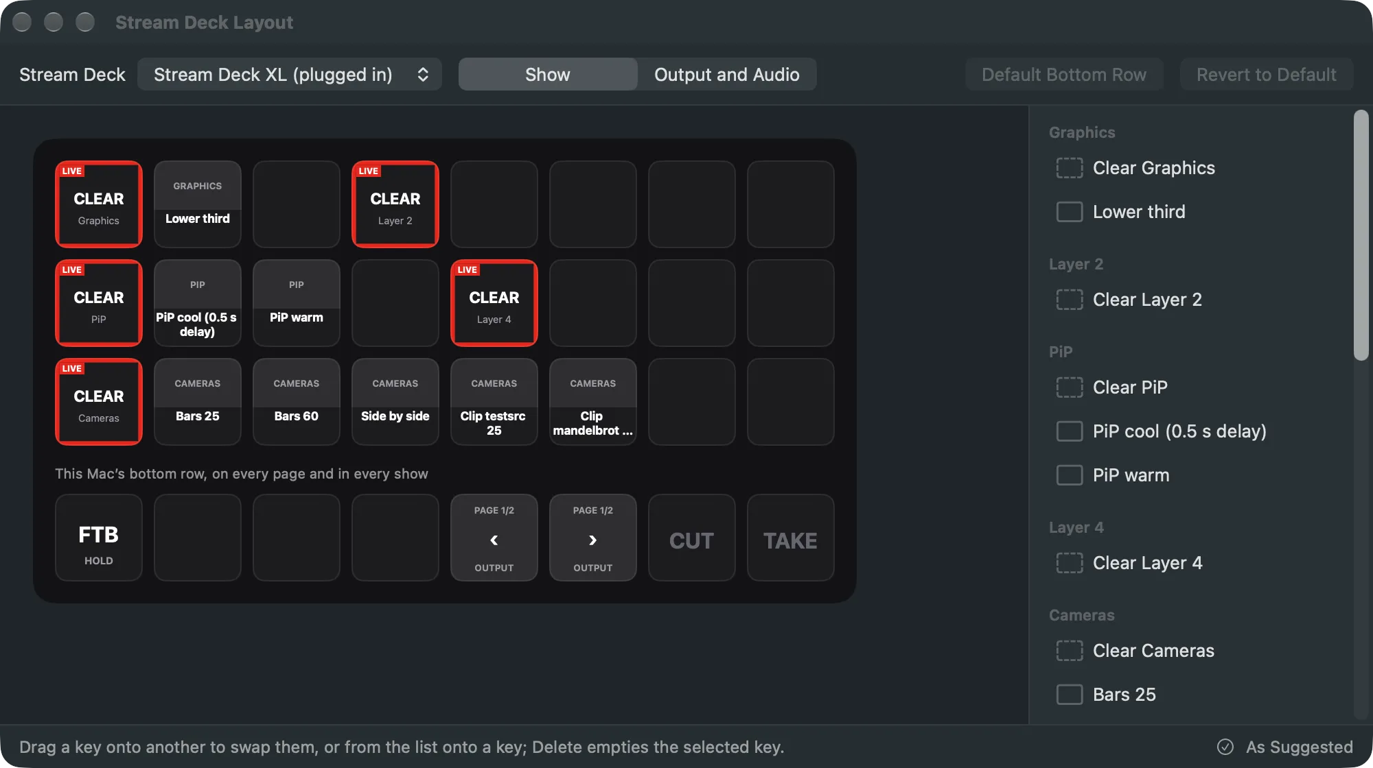 The Stream Deck Layout window showing an XL’s Show page: a row per layer with its Clear key and shots, and the bottom row below its caption