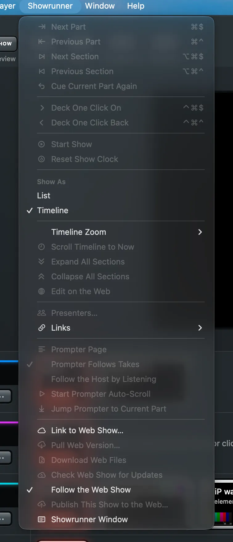 The Studio’s Showrunner menu, with the web show’s items near the bottom: Link to Web Show…, Pull Version…, Download Web Files and Follow the Web Show