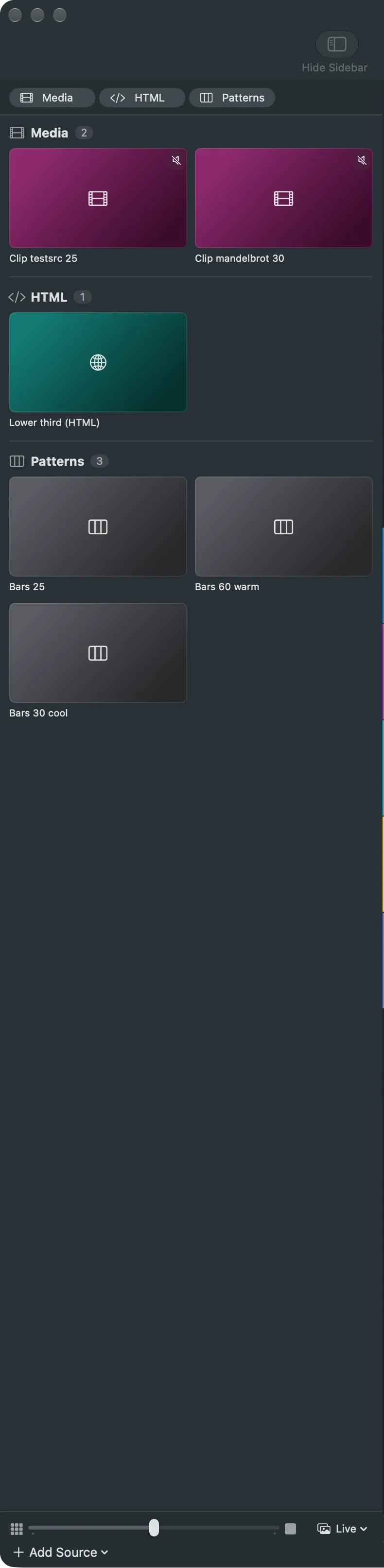 The sources sidebar of the main window with the demo show: the type buttons at the top, the sources grouped by type, the Add Source menu at the bottom